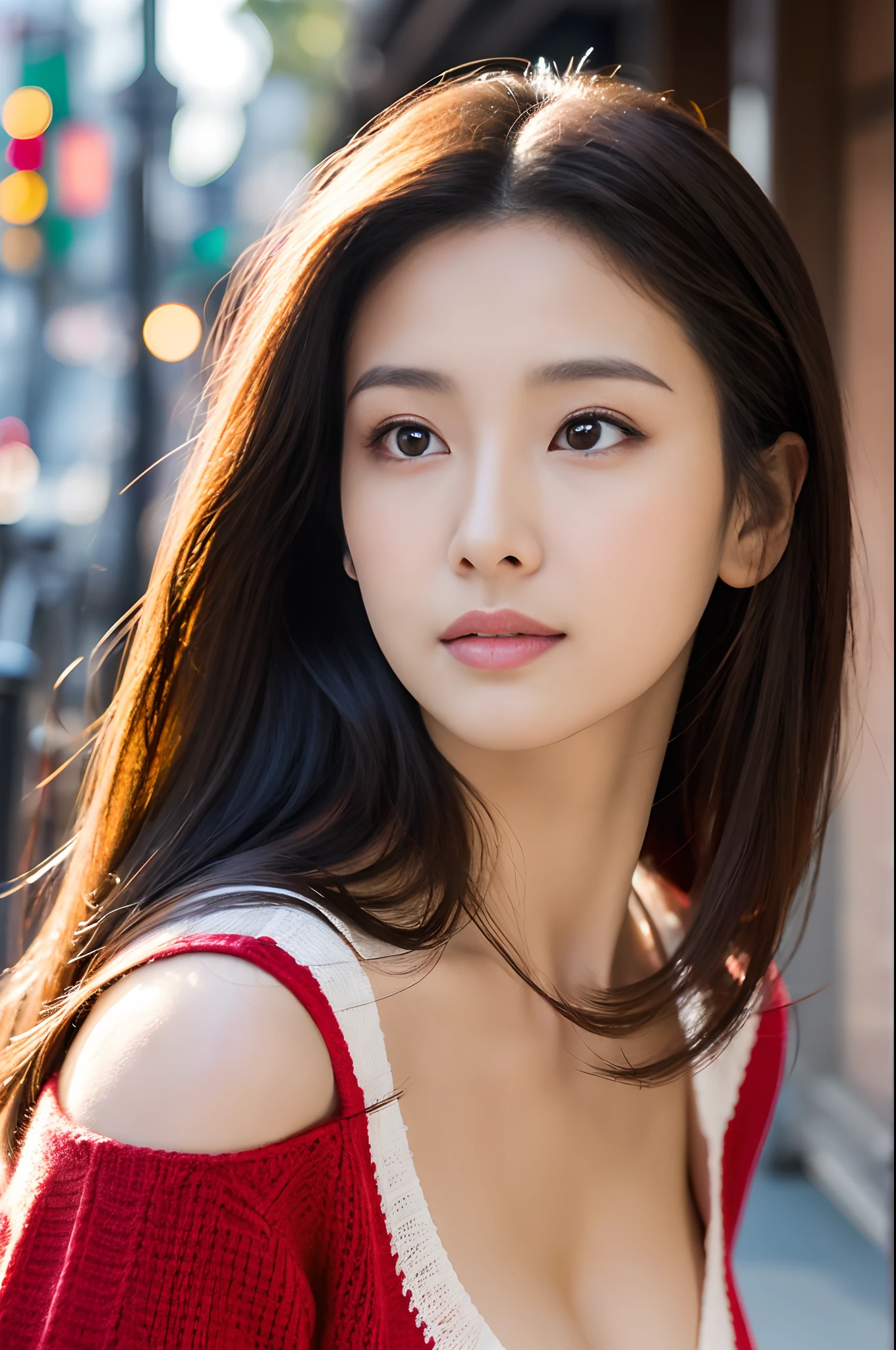 (8ก, best quality:1.2), (Close-up, 1 woman, Look straight.,The face is bright and clear., araffed asian woman in red shirt and black shorts with luggage, Wear a volleyball shirt., red shirt, Open V-chest shirt, red sports clothes, wearing a swimsuit, wear red dress, Wear a two-piece swimsuit., Hot with sunlight, beautiful south korean women, Wear a tight shirt., Gorgeous Korean young woman in red shirt, big breasts, Tight skin, long hair.,hair blowing in the wind,The evening sun shone brightly and was surreally beautiful..