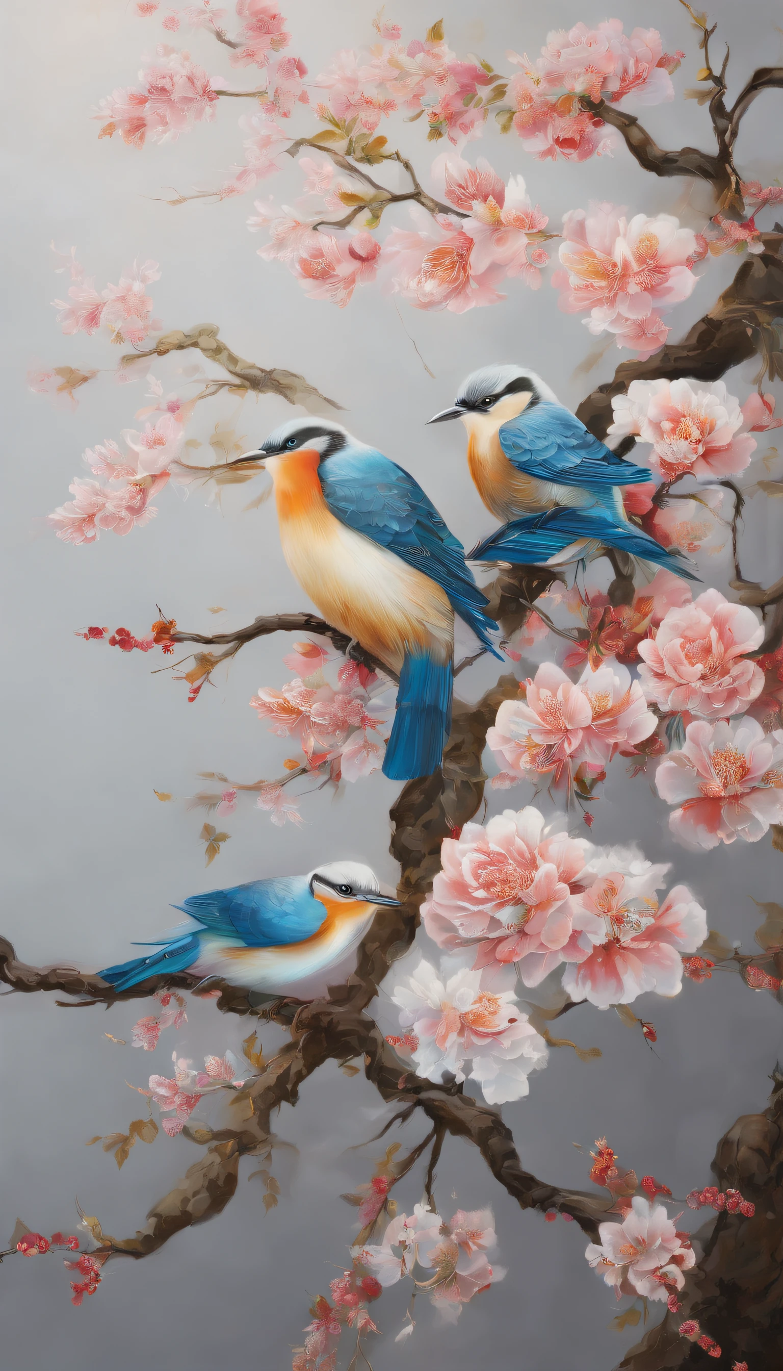 painting of two birds sitting on a branch of a tree, birds on cherry tree, beautiful nature, birds in the sunlight, by Li Keran, really beautiful nature, nature painting, birds and butterflies, beautiful art, very detailed birds, colorful birds, very beautiful photo, mystical birds, by Ma Yuanyu, by Wen Boren, by Wu Li