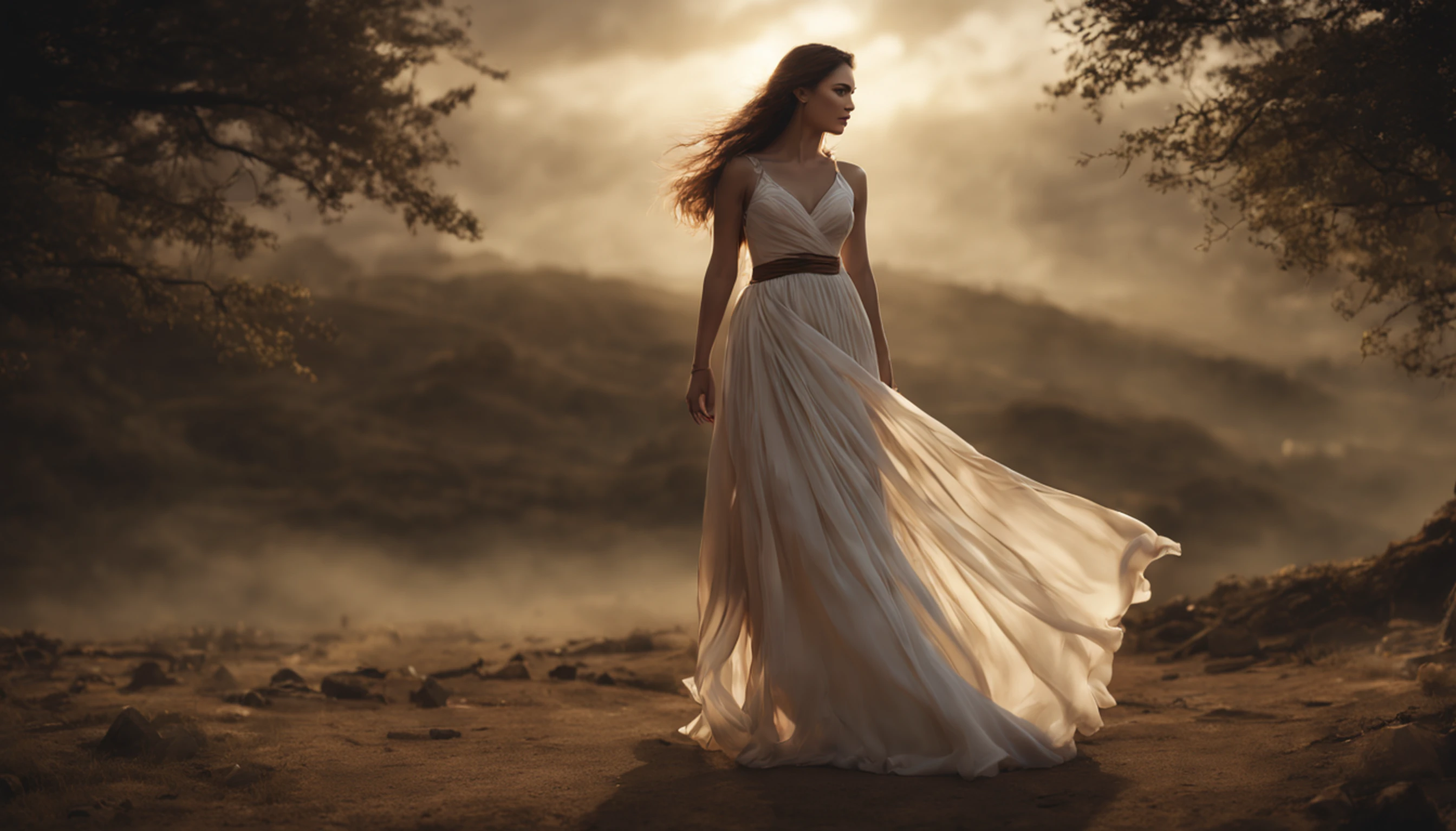 No extremamente delicado, CG background with 8K resolution, A mysterious woman is wearing a beautiful long dress, standing up outdoors, Showing strength and elegance.
