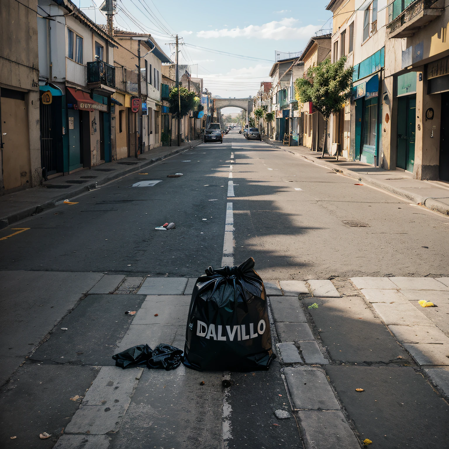 Garbage bags strewn across the sidewalk, realista, photographic, detalhado, estilo salvador dali, 8K