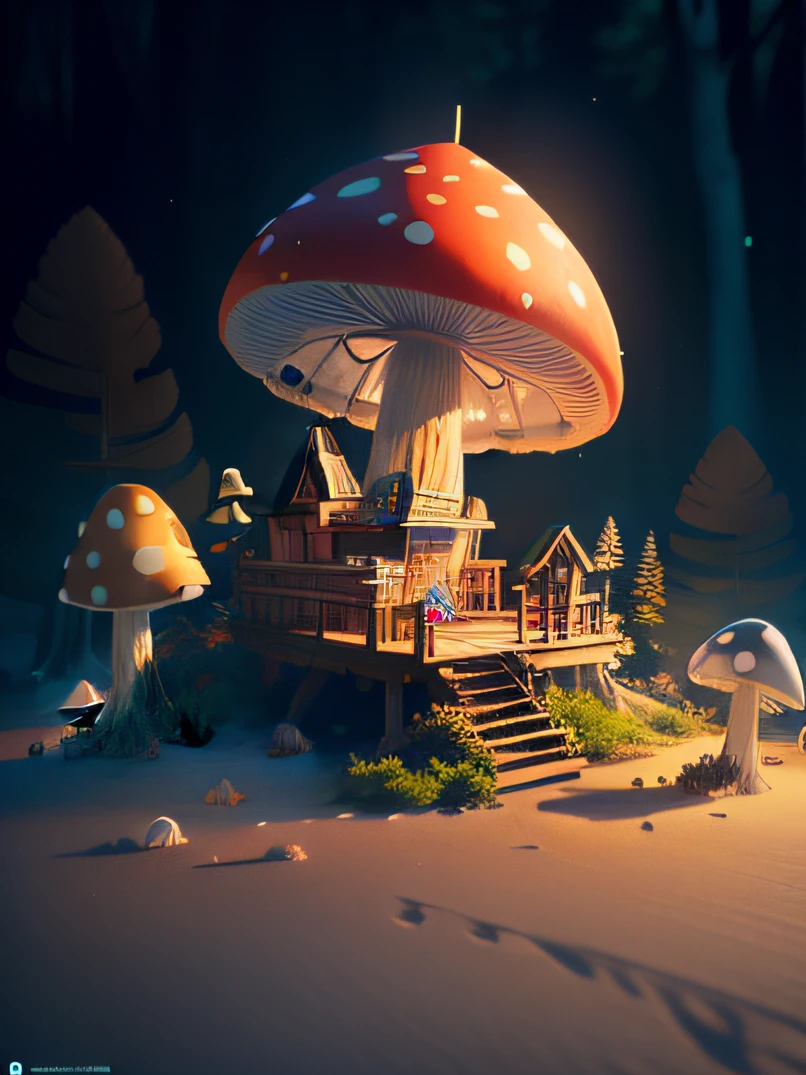 Masterpiece, Best quality, (Extremely detailed Cg Unity 8K wallpaper), (Best quality), (Best Illustration), (Best shadow), Alimentari，red colour，Mushroom hut， Isometric 3D, rendering by octane,Ray tracing,Ultra detailed，at a forest，rays of sunshine，