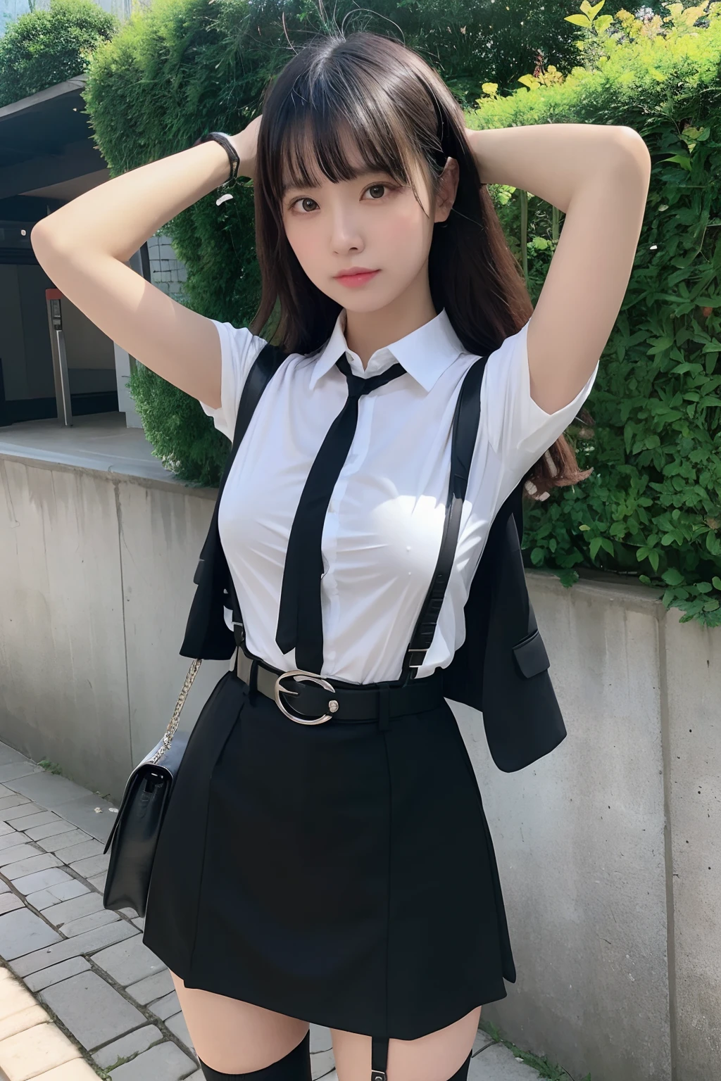 (masutepiece:1.2),High quality,vivd colour,flat-colors,Deep Depth Of Field,Lens Flare,1 girl,Black hair,eyecontact,Suit,Collared shirt,Belt bag,suspenders,Professional,Office Lady,Mature Women,Black mini skirt garterbelts knee high Stockings Black Niso Colorcon armpit sweat perspiring Side of both hands,Black jacket,Gaze,ample bosom,Armpit sweat,Exposing the armpits"Pichi Pichi clothes