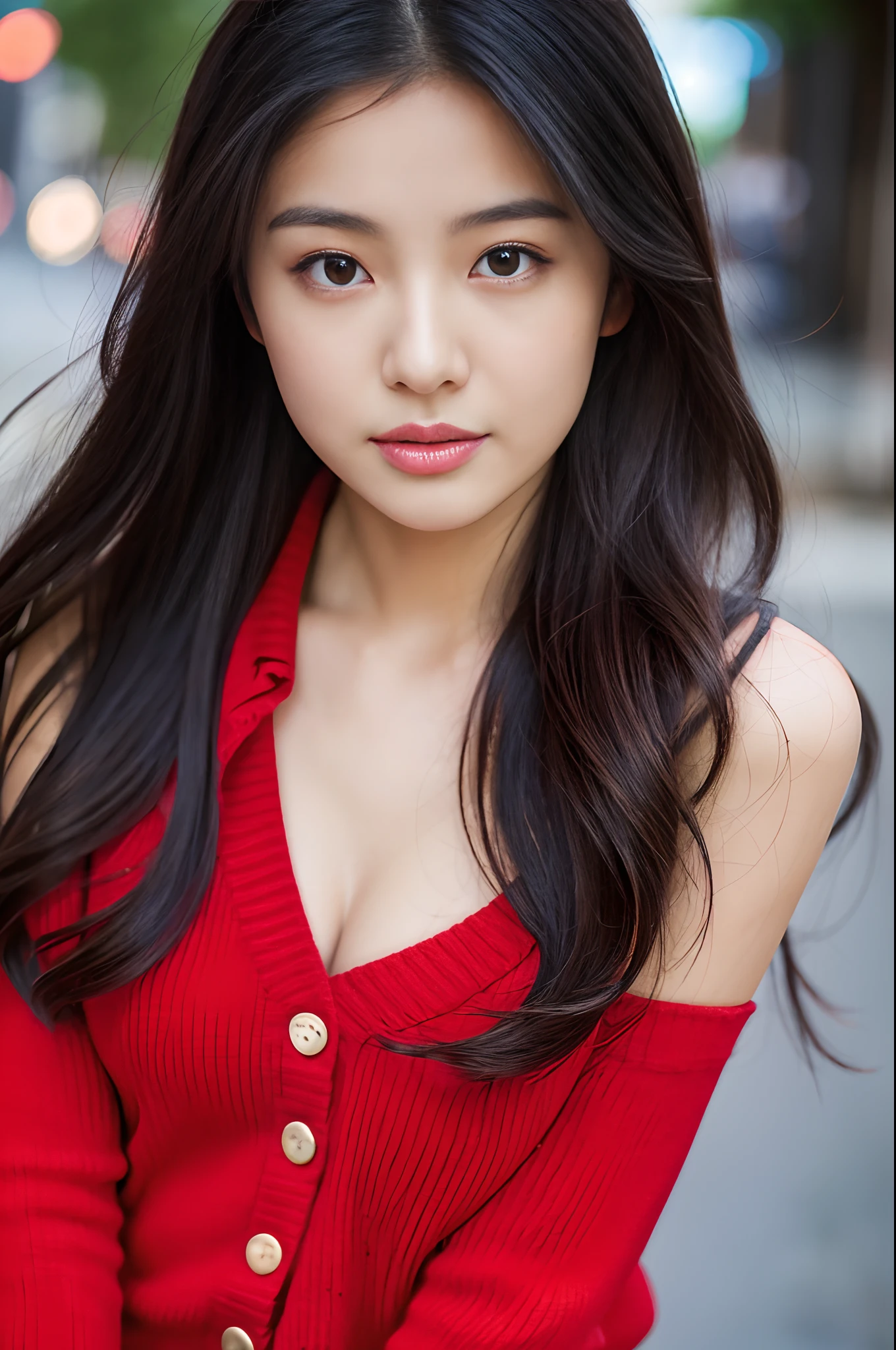 1girl in, Solo, Female about 20 years old, Black Long Hair, Close-up portrait, Hazel eyes, Bewitching look, Seductive look, Inviting look, Red Sweater, standing outside, street snap, A sexy、Personal photography, 8K, , masutepiece, Full body shooting, of the highest quality, Fine Pore, Realistic, Photorealistic, Beyond Details、small tits、Very small bust、flat breast、Slimed、A slender、Model body type、Model Posing