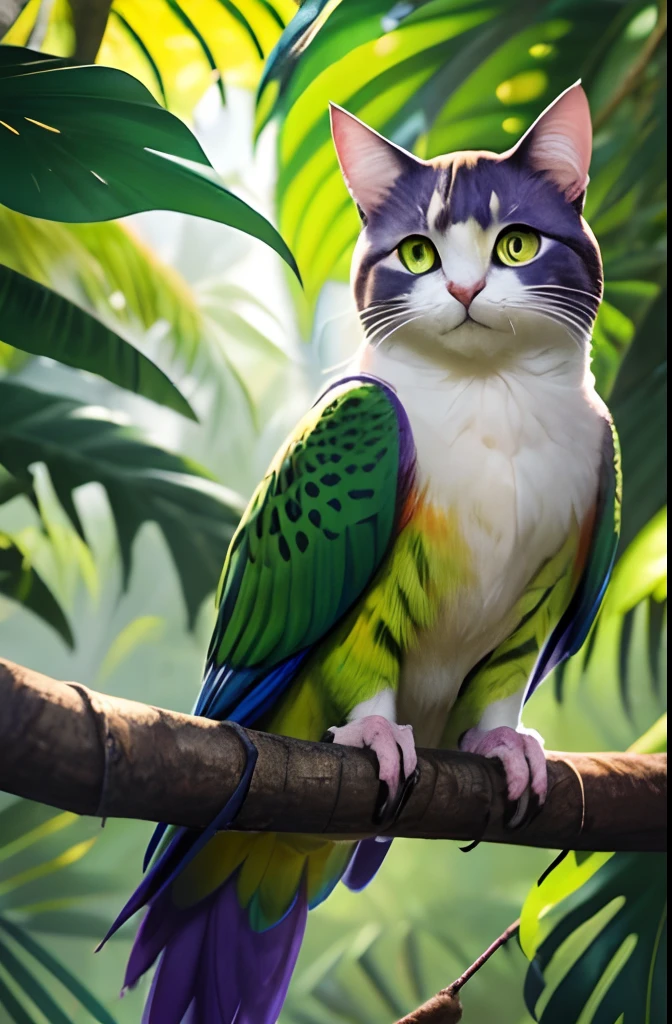 a cat who thinks it's a parrot,fluffy,feline,curious,playful,parrot-inspired colors,feathers and fur seamlessly blended,cat's green eyes shining,sharp claws,pouncing on branches,purple and blue background,whiskers twitching,hanging from a perch,purrr-rotting itself,paw prints on its feathers,cat-shaped mirror reflecting its image,parrot beak meowing,climbing up a tree,leafy tail,a jungle setting,sunlight filtering through the leaves,dappled lighting,bird feathers scattered on the ground,bright and vibrant palette,realistic details,high-resolution image,painting-like texture,photorealistic rendering,vivid colors,masterpiece:1.2.