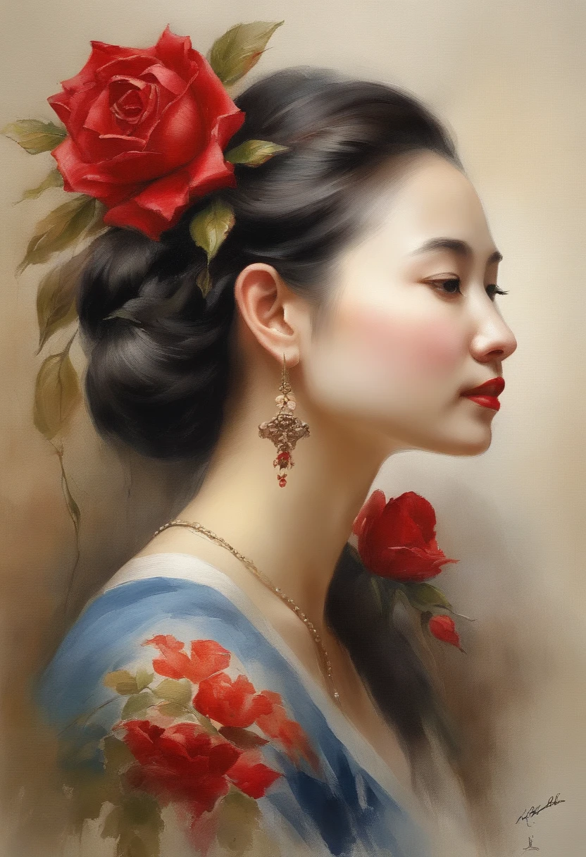 Impasto oil painting of a woman, Profile , Side-by-side view, wearing a red rose on the head near the ears, White background, closed up, ultrarealistic oil painting. masterpiece work of art., A girl with, frontage, Traditional Korean Hanbok