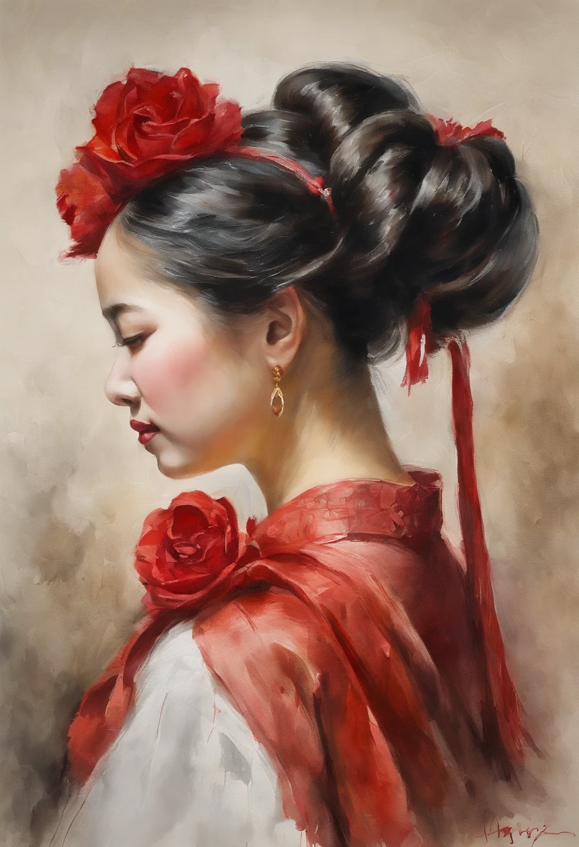 Impasto oil painting of a woman, Profile , Side-by-side view, wearing a red rose on the head near the ears, White background, closed up, ultrarealistic oil painting. masterpiece work of art.16 years old, A girl with, frontage, Traditional Korean Hanbok