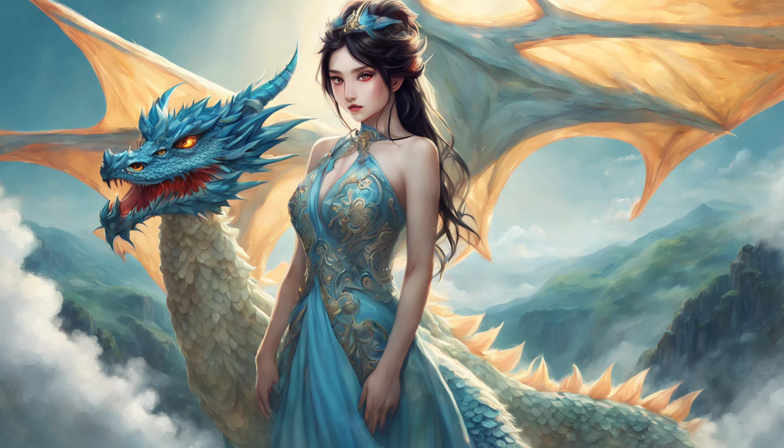 ((melhor qualidade)), ((obra-prima)), (detalhado), Empress Dragon "Hande Ercel", olhos realistas, cabelo preto, olhos azuis, seios pequenos, vestido de setin koreano sensual, paisagem maligna, ethereal beauty, (Fantasy Illustration:1.3), olhar encantador, pose cativante, garota solo, charme sobrenatural, mystical sky, (anime), noite enluarada, cores suaves, (paisagem nublada detalhada:1.3), (alta resolução:1.2) (Blue dragon flying in the sky) vestido, sobre uma colina, An army passing far into a canyon below.