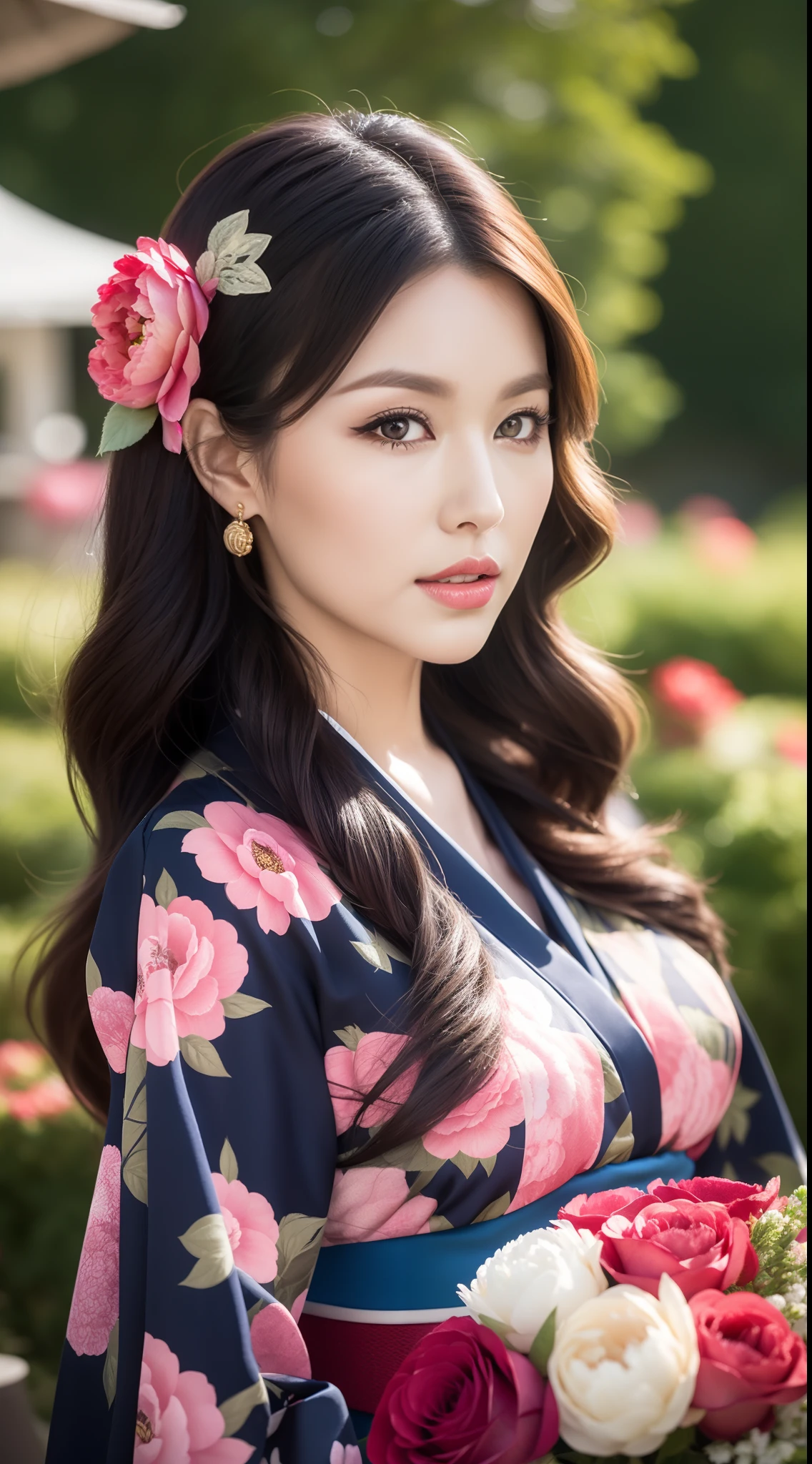 (Kimono made of peonies,lots of roses),Contemporary art,Complex design,top-quality,8K,tmasterpiece:1.3,Clear focus:1.2,Beautiful Women in Perfect Figure:1.4,Highly Detailed Face and Skin Textur,Detailed eyes,cparted lips,Coiled hair,fully body photo,
