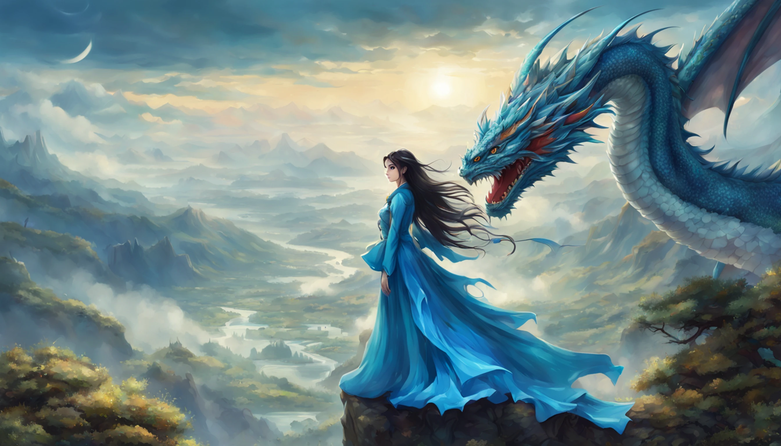 ((melhor qualidade)), ((obra-prima)), (detalhado), Empress Dragon "Hande Ercel", olhos realistas, cabelo preto, olhos azuis, seios pequenos, vestido de setin koreano sensual, paisagem maligna, ethereal beauty, (Fantasy Illustration:1.3), olhar encantador, pose cativante, garota solo, charme sobrenatural, mystical sky, (anime), noite enluarada, cores suaves, (paisagem nublada detalhada:1.3), (alta resolução:1.2) (Blue dragon flying in the sky) vestido, sobre uma colina, An army passing far into a canyon below.