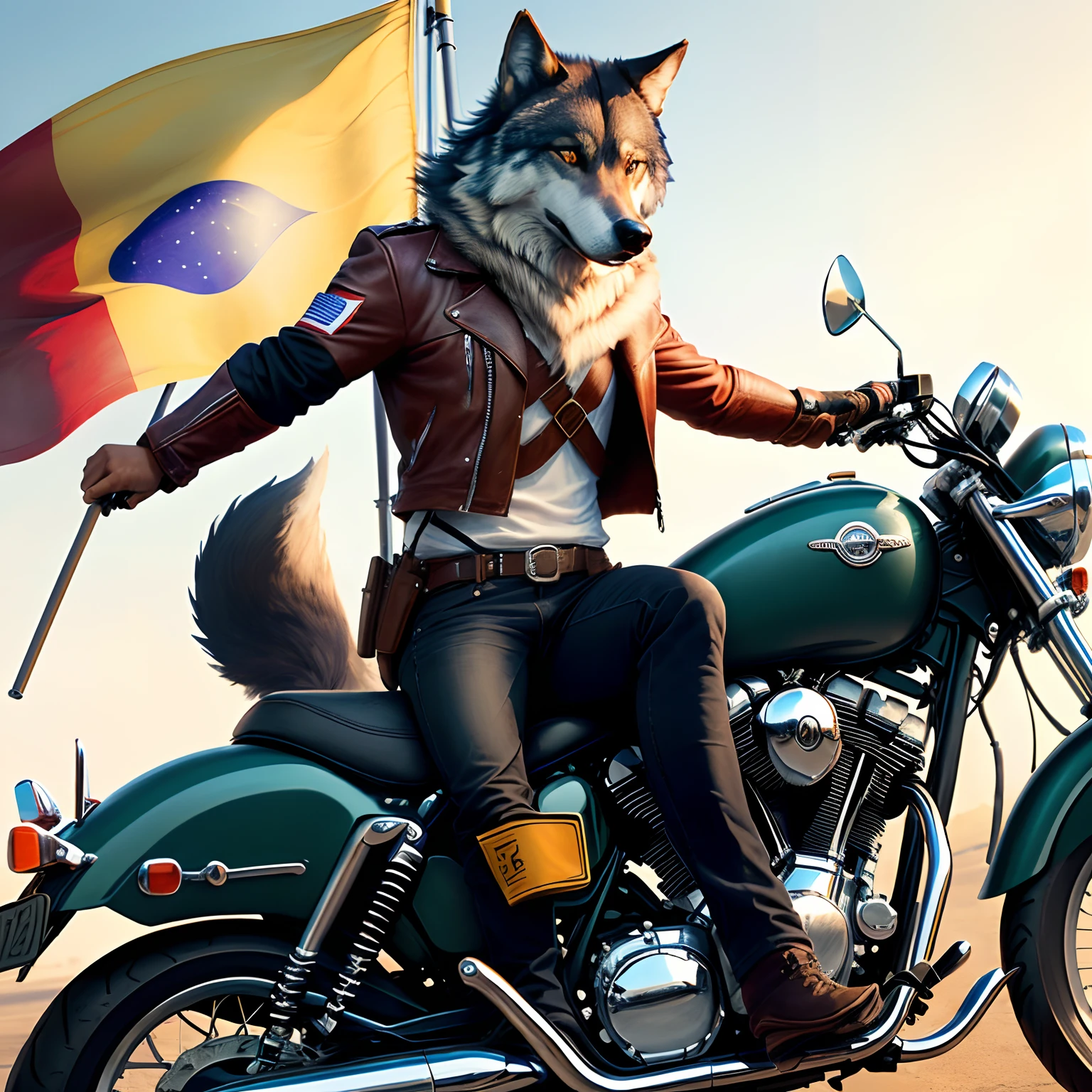 Armed wolf on top of a motorcycle with the Brazilian flag behind