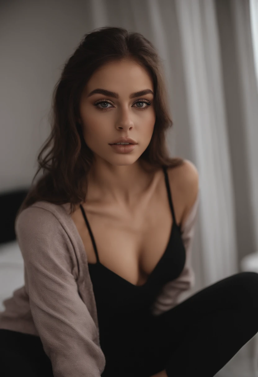 arafed woman with black clothes, sexy girl with brown eyes, portrait sophie mudd, brown hair and large eyes, selfie of a young woman, bathroom eyes, violet myers, without makeup, natural makeup, looking directly at the camera, face with artgram, subtle makeup, stunning full body shot, in bedroom, cleavage