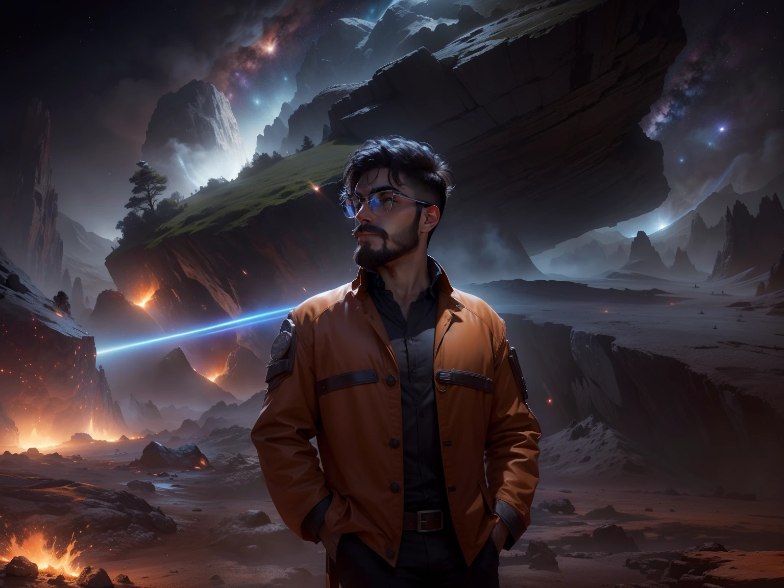 Draw a young programmer, sitting on a research platform floating in the middle of an asteroid belt. He is studying with a notebook, surrounded by several asteroids glowing with fiery auras. Dramatic lighting from distant stars and planets illuminates the scene, casting deep shadows on the suit. The young man looks confident and determined, looking at the vast and mysterious universe with wonder and respect,facial hair, cowboy shot,