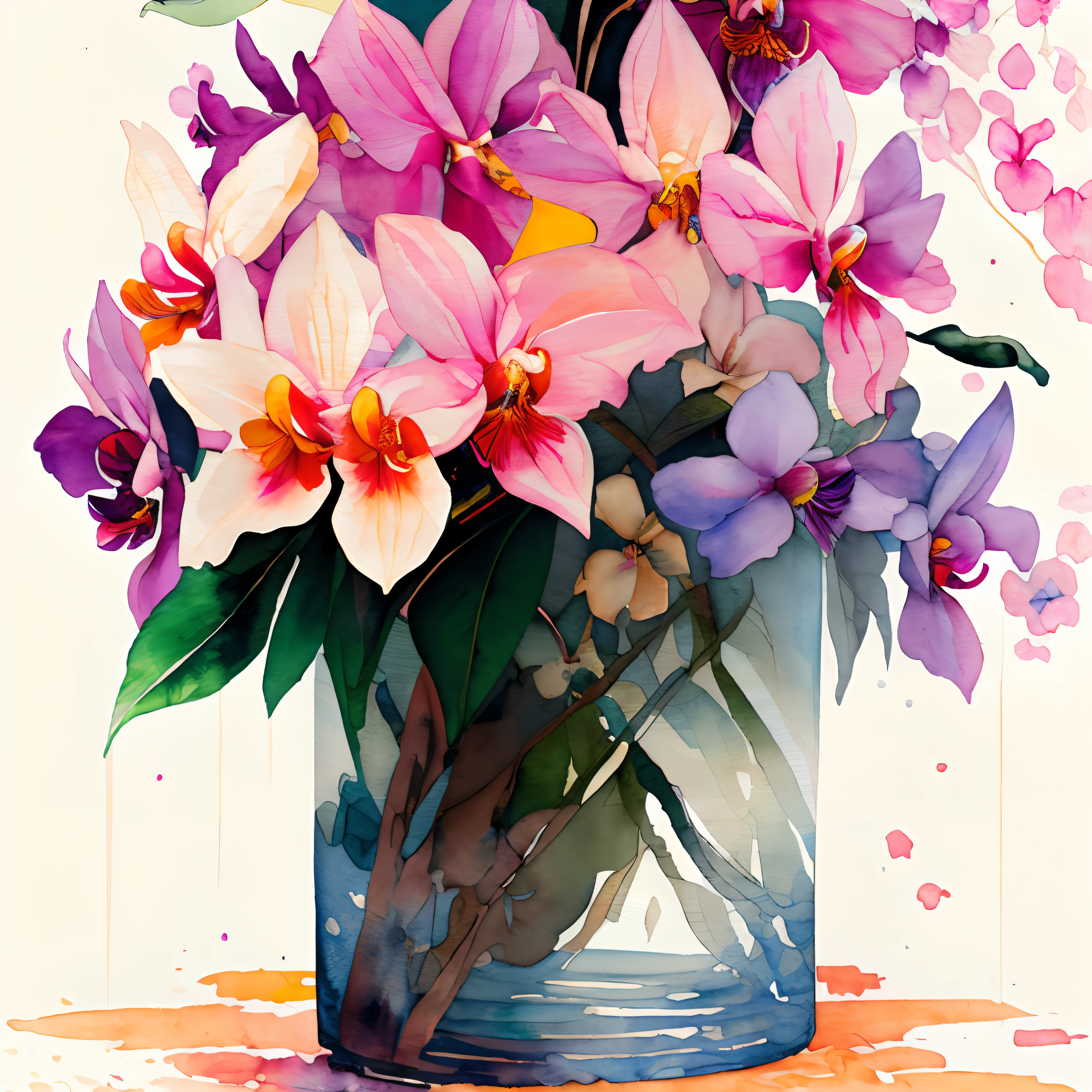 wtrcolor style, Digital art of one vase with flowers, mainly orchids, use a high variety of flowers, a lot of different flowers, official art, masterpiece, Beautiful, ((watercolor)), paint splatter, intricate details. Highly detailed, detailed, [dripping:0.5], Trending on artstation, by Rachel Walker,