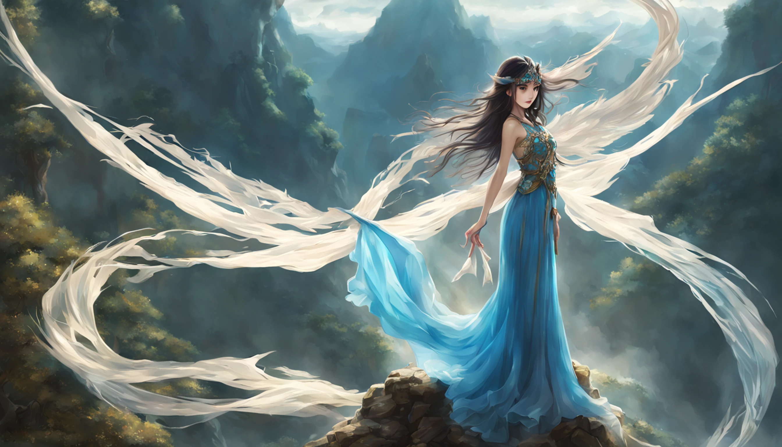 ((melhor qualidade)), ((obra-prima)), (detalhado), Empress Dragon "Hande Ercel", olhos realistas, cabelo preto, olhos azuis, seios pequenos, vestido de setin koreano sensual, paisagem maligna, ethereal beauty, (Fantasy Illustration:1.3), olhar encantador, pose cativante, garota solo, charme sobrenatural, mystical sky, (anime), noite enluarada, cores suaves, (paisagem nublada detalhada:1.3), (alta resolução:1.2) (Blue dragon flying in the sky) vestido, sobre uma colina, An army passing far into a canyon below.