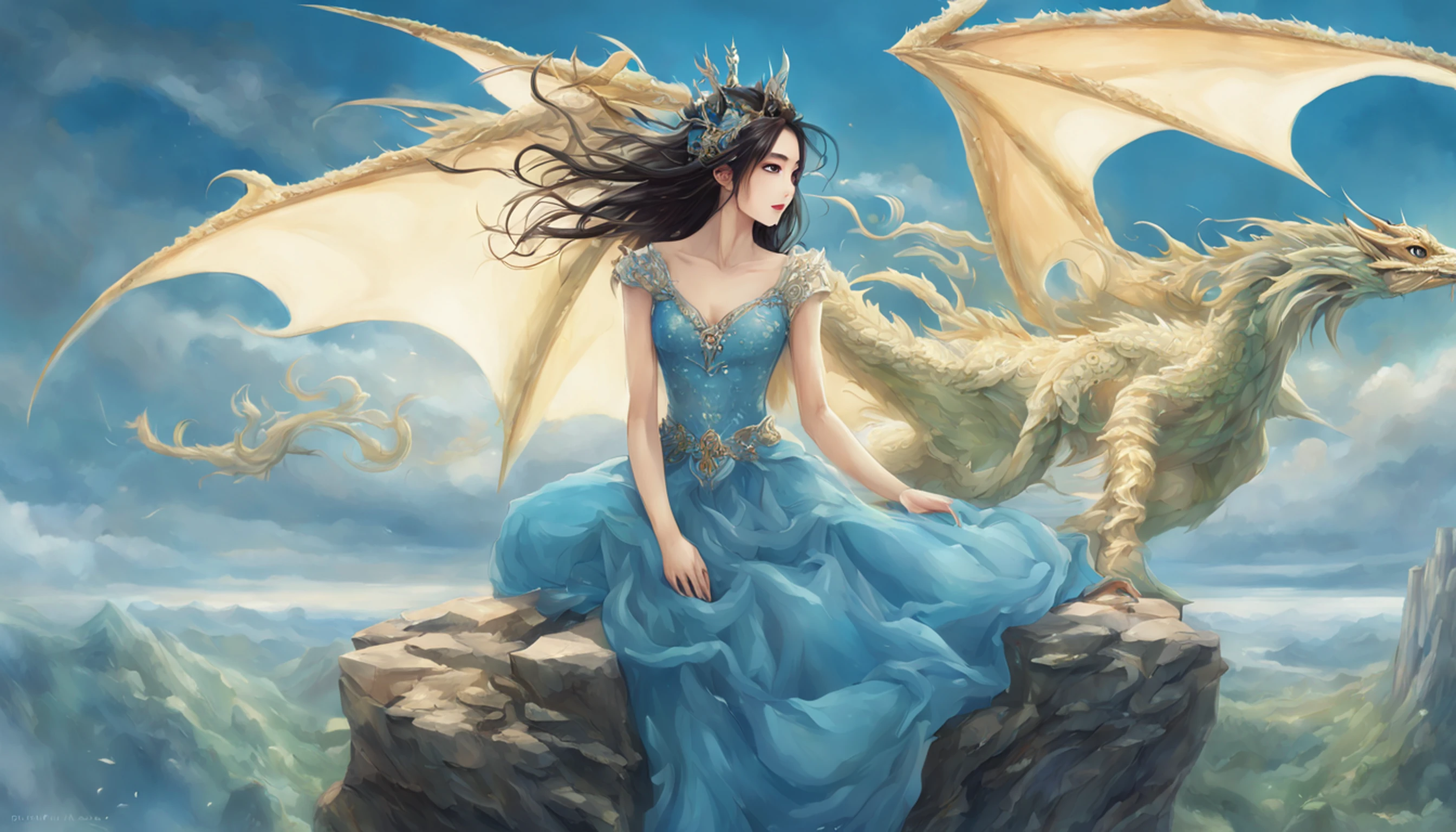 ((melhor qualidade)), ((obra-prima)), (detalhado), Empress Dragon "Hande Ercel", olhos realistas, cabelo preto, olhos azuis, seios pequenos, vestido de setin koreano sensual, paisagem maligna, ethereal beauty, (Fantasy Illustration:1.3), olhar encantador, pose cativante, garota solo, charme sobrenatural, mystical sky, (anime), noite enluarada, cores suaves, (paisagem nublada detalhada:1.3), (alta resolução:1.2) (Blue dragon flying in the sky) vestido, sobre uma colina, An army passing far into a canyon below.