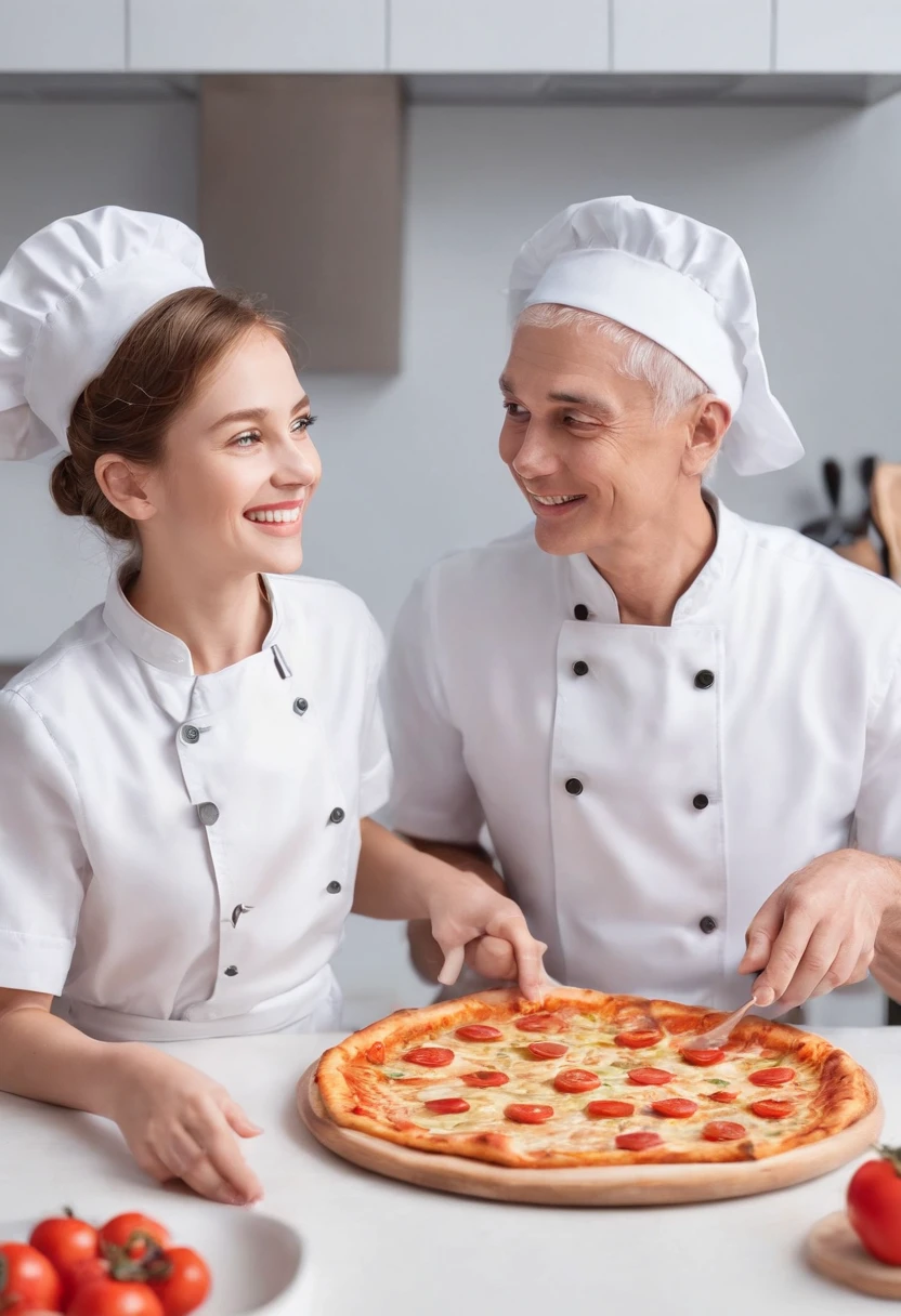 A wide high definition scene in a kitchen of a large restaurant with a beautiful chef and restaurant owner and famous sommelier happy preparing her special dishes with wonderful red wines, wearing his chef uniform on his perfect body in his 50s and white hair with a beautiful smile