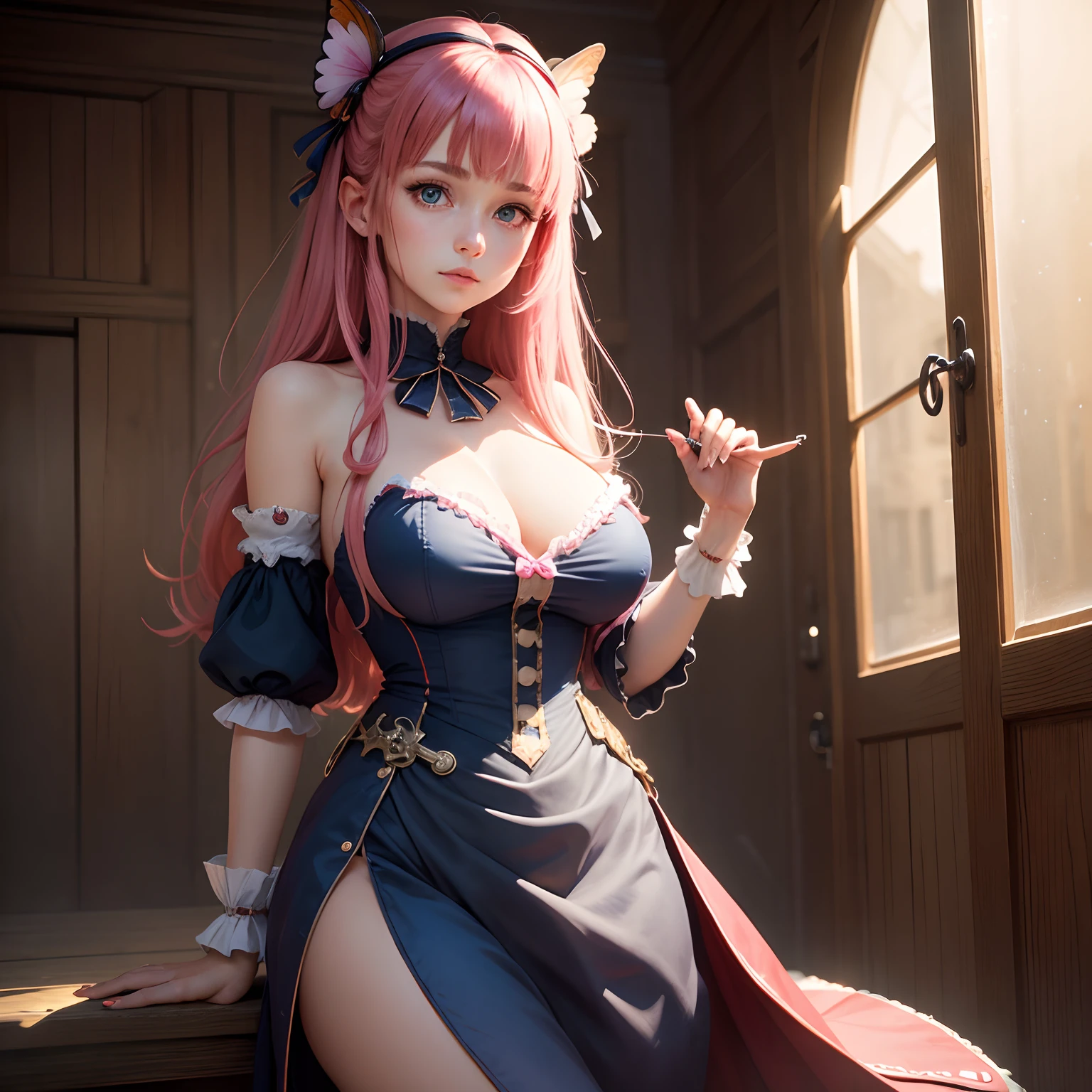 8k, masterpiece, best quality, realistic, higly detailed, cowboy shot, 1girl, solo, Nino, cute, cold-looking girl, waist-length straight hair, square bangs hanging over eyebrows, reddish-pink hair, twin butterfly-shaped ribbons on both sides of head, dark blue eyes, average height, well-endowed figure, large breasts, fashionable girl, various cute accessories, takes care of nails, Cleric