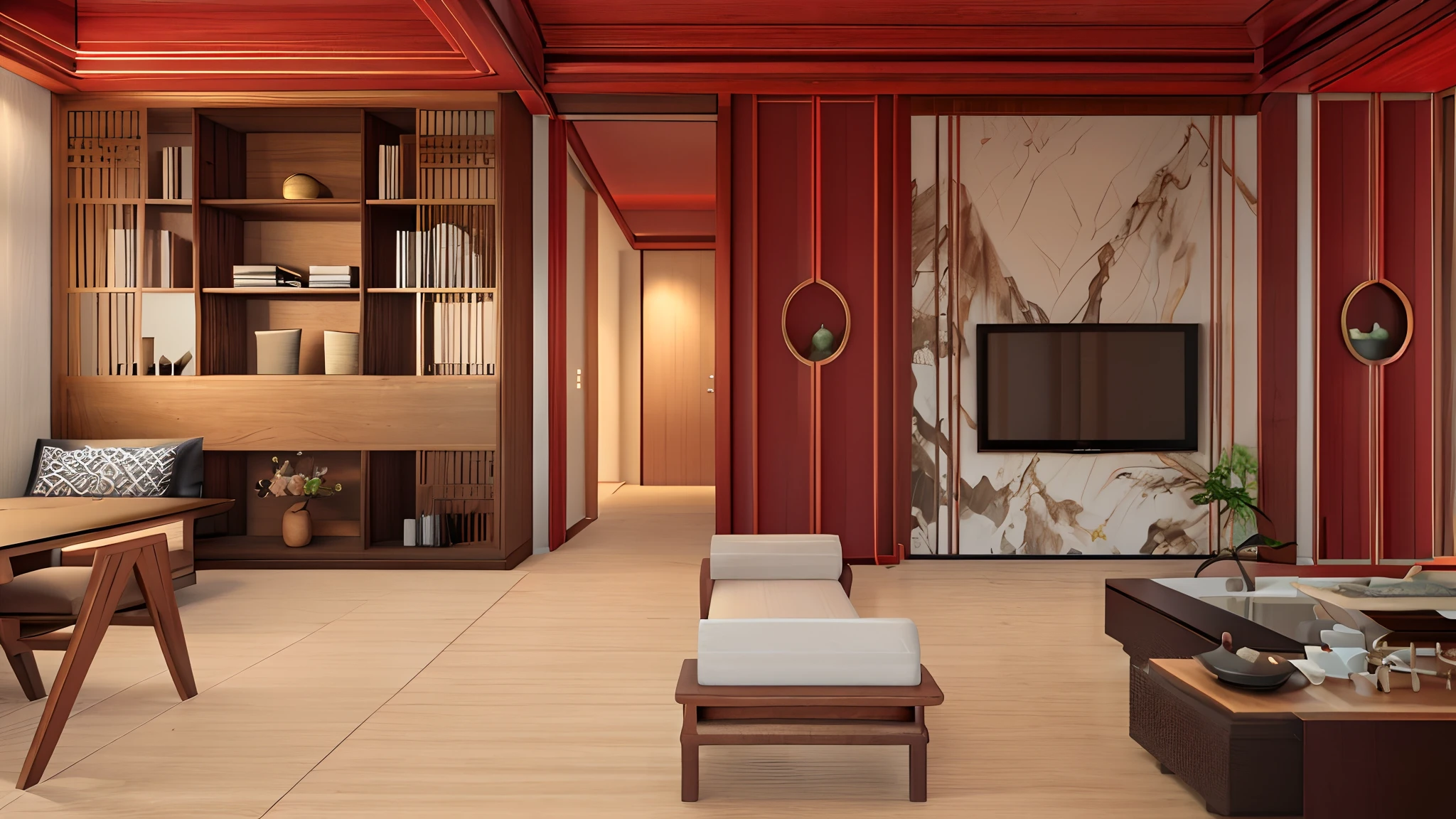 there is a living room with a couch, coffee table, and a tv, high quality 3 d render, high quality 3d render, enscape render, highly photographic render, professional 3d render, excellent 3d render, luxury hd render, high quality rendering, neotraditional modern minimalist, in style of 3d render, octave render, highly detailed render，A Chinese style living room and restaurant in red and black，The TV is located in front，，The floors are light yellow wood floors，4k uhd，Immersive light