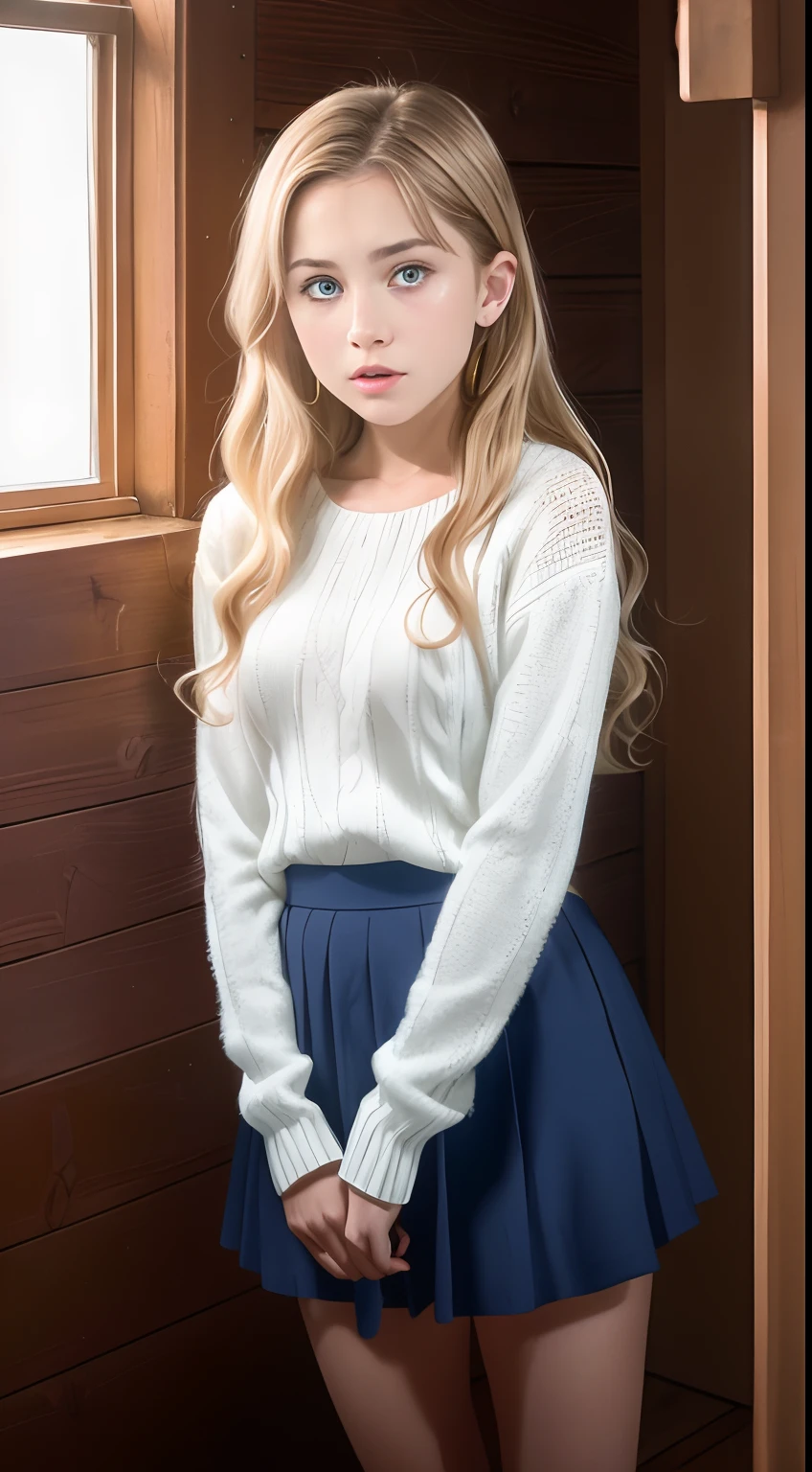 ((Pre-teen)), beautiful girl, model body, freckles on face, crying, big blue eyes, small breasts, long legs, big hoop earrings, sweater, pleated skirt, strawberry panties, black tights, shot from above, very white skin, long hair, wavy hair, blonde hair, cabin in the woods, photorealistic, indirect lighting, volumetric light, ray tracing, hyper-detailed, best quality, ultra-high resolution, HDR, 8k