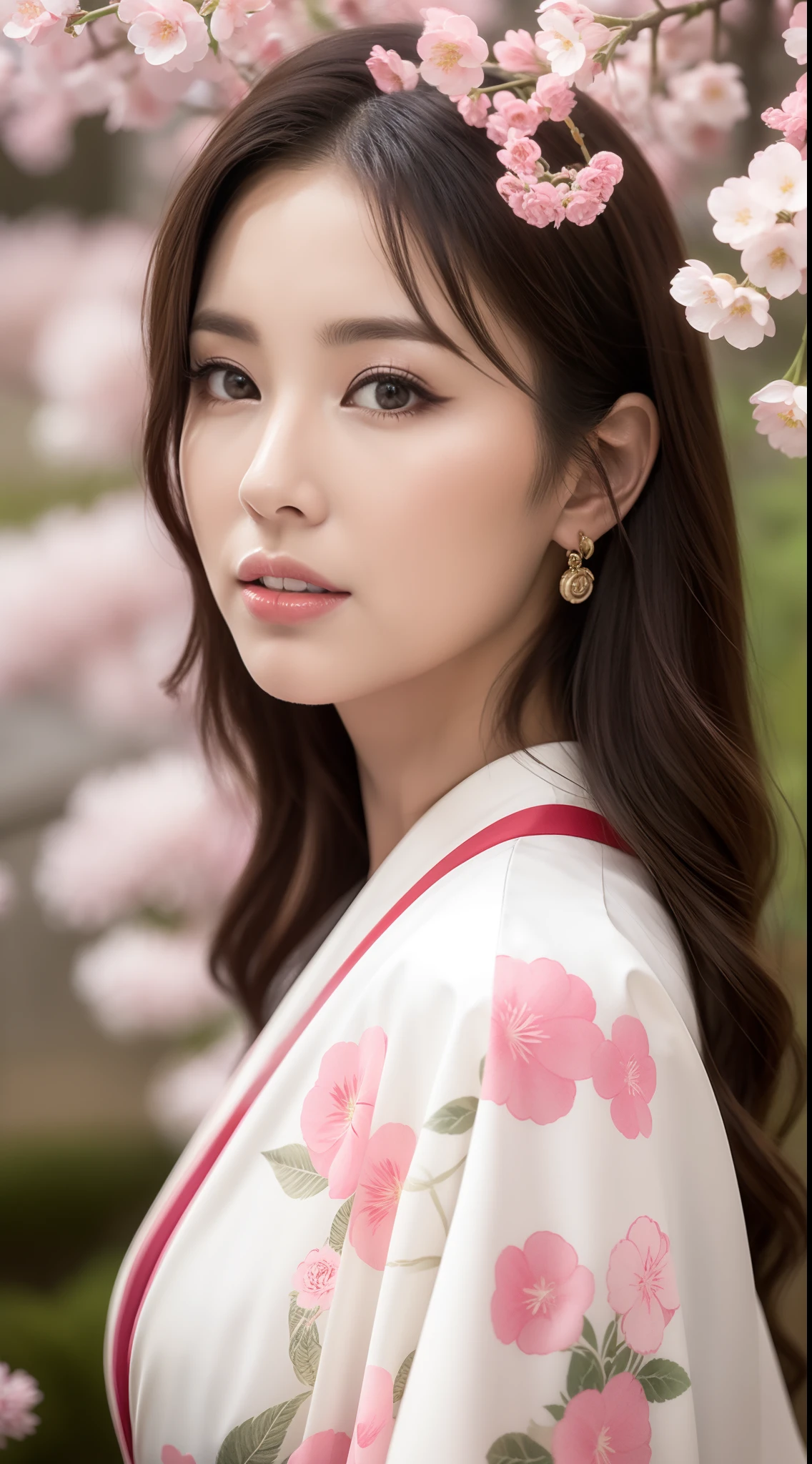 （Kimono made of cherry blossoms，lots of roses），Contemporary art，Complex design，top-quality，8K，tmasterpiece：1.3，Clear focus：1.2，Beautiful Women in Perfect Figure：1.4，Highly Detailed Face and Skin Textur，Detailed eyes，cparted lips，Long legs，fully body photo，