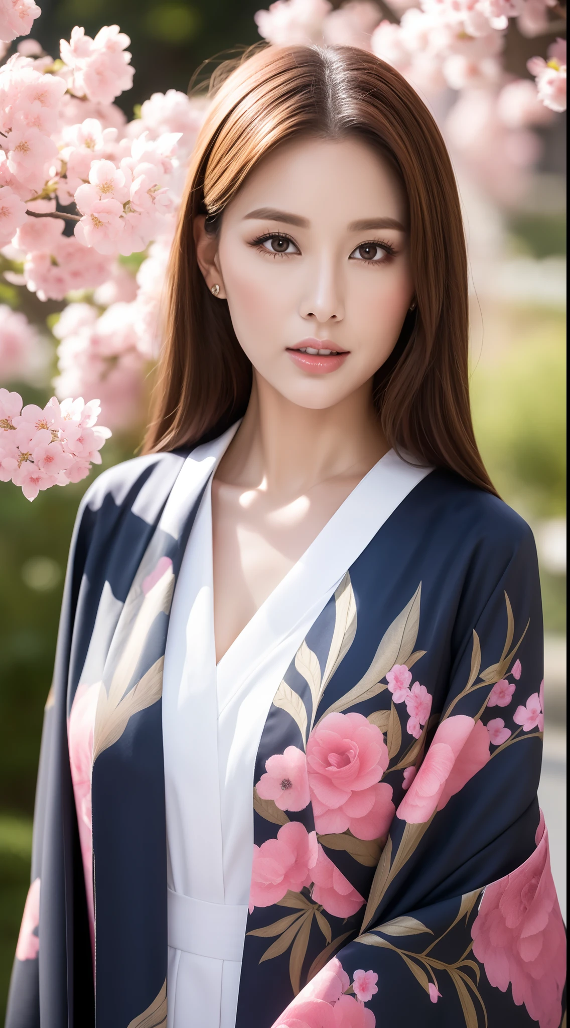 （Kimono made of cherry blossoms，lots of roses），Contemporary art，Complex design，top-quality，8K，tmasterpiece：1.3，Clear focus：1.2，Beautiful Women in Perfect Figure：1.4，Highly Detailed Face and Skin Textur，Detailed eyes，cparted lips，Long legs，fully body photo，