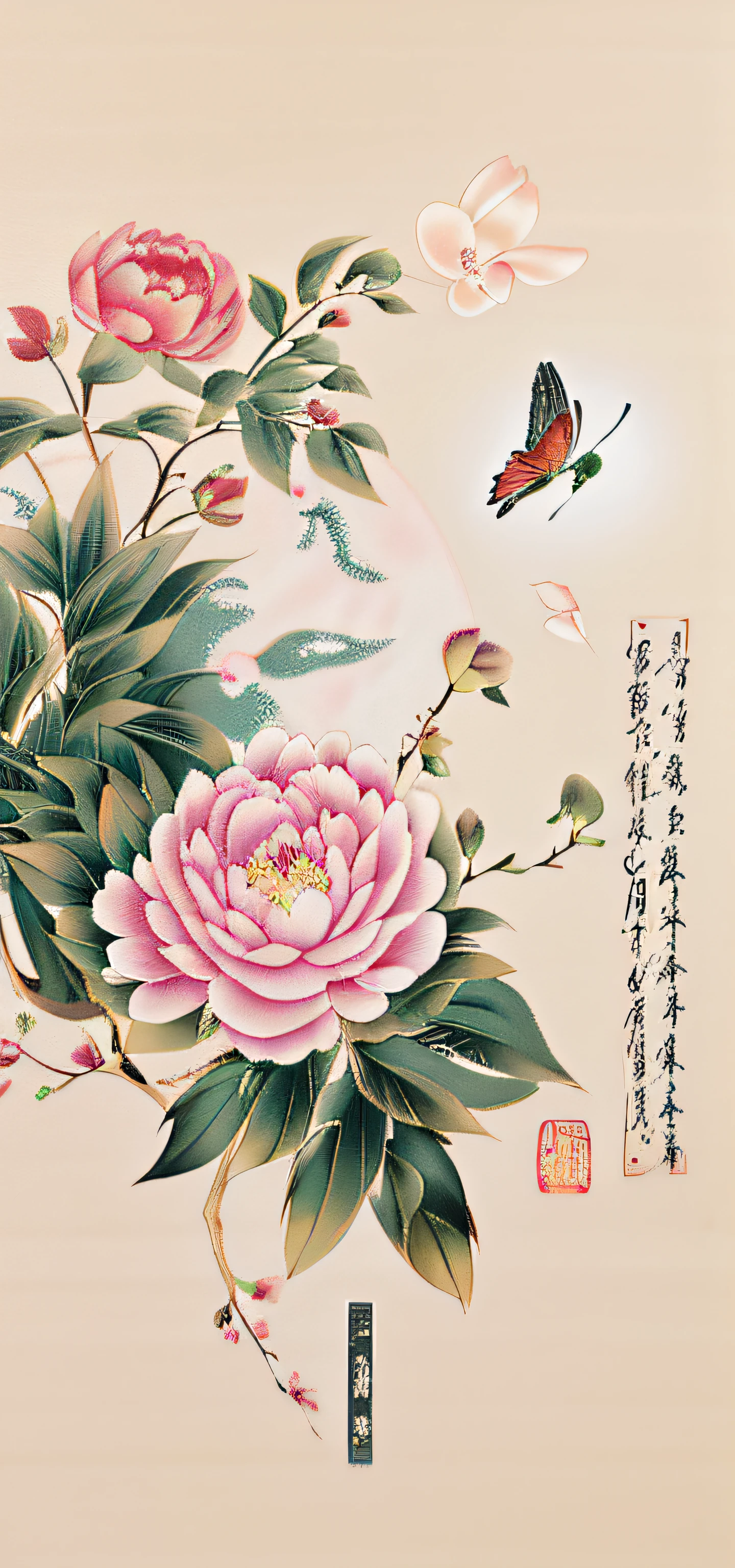 Traditional chinese painting，peony flower，Gongbi drawing style，green leaf，butterflys
