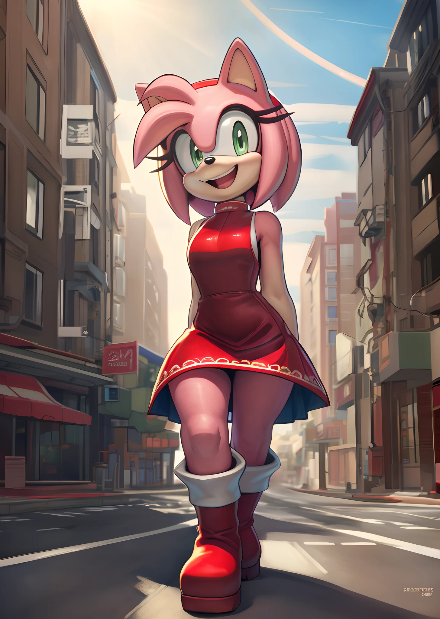 [Amy Rose], [sonic the hedgehog \(series\)], [Uploaded to e621.net; (Pixelsketcher), (wamudraws), (napalm_express)], ((masterpiece)), ((HD)), ((high quality)), ((solo portrait)), ((front view)), ((full body)), ((detailed fur)), ((detailed shading)), ((cel shading)), ((beautiful render art)), ((intricate details)), {anthro, (slim figure), (pink fur), black nose, animal ears, cute green eyes, short hair, headband, short tail, (gorgeous hips), (beautiful legs), (excited smile), (mouth open)}, {(short red dress white lining), (red knee-high boots), (white stripes on boots)}, {(standing), (arms behind back), (pigeon-toed), (looking at viewer)}, [background; (city), (blue sky), (sun rays)]