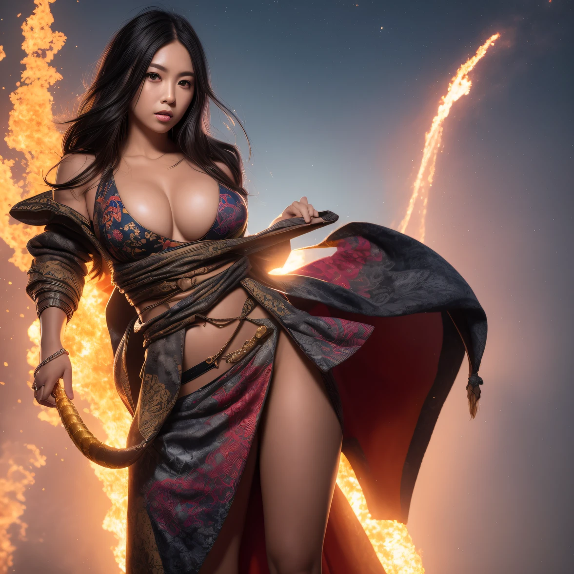 CG Giant Secret Realm，Asian women pose in colorful bikinis, Realistic secret manga girl rendering, detailed face of a asian girl, Realistic in the secret world, Smooth CG art, Realistic. Cheng Yi, Realistic secret style, A lovely secret rendering, Rendu portrait 8k, Render character art 8 K, Kawaii realistic portrait， （Linen batik scarf）， Angry fighting stance， looking at the ground， Batik linen bandana， Chinese python pattern long-sleeved garment，Uncharted（Abstract propylene splash：1.2）， Dark clouds lightning background，废墟（realisticlying：1.4），Black color hair，Flour fluttering，Telephoto lens high， A high resolution， the detail， RAW photogr， Sharp Re， Nikon D850 Film Stock Photo by Jefferies Lee 4 Kodak Portra 400 Camera F1.6 shots, Rich colors, ultra-realistic vivid textures, Dramatic lighting，8K quality, Girls，Backstreets， Dark clouds lightning background（realisticlying：1.4），Black color hair，Uncharted， RAW photogr， Sharp Re， Nikon D850 Film Stock Photo by Jefferies Lee 4 Kodak Portra 400 Camera F1.6 shots, Rich colors, ultra-realistic vivid textures, Drama light film CG society，Tropical canyon battle scene、Chinese big breasts、Vintage trench coat、three kingdom、ember、100 people、Faraway view、intense battles、high detal、masuter piece、NSFW，Multi-layered long-sleeved gauze garment，Quick-dry vest，Colorful cotton and linen sweater，Red and black snake cloak cloak，Doomsday ruins（Uncharted）Climb the streets（Armageddon）eyes filled with angry，He clenched his fists，2b03ff492ecab2adc66344ea0c63d2ca