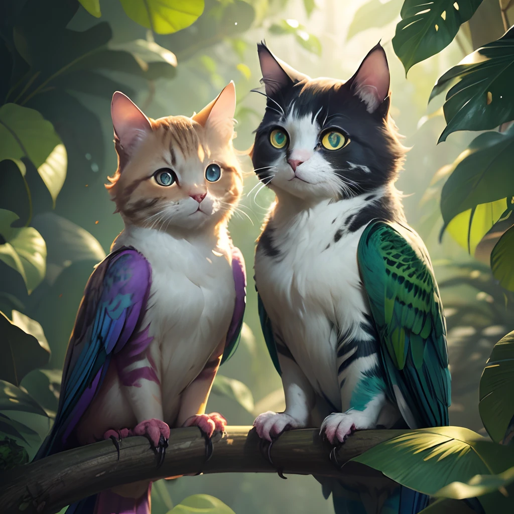 two cats who thinks it's a parrot,fluffy,feline,curious,playful,parrot-inspired colors,feathers and fur seamlessly blended,cat's green eyes shining,sharp claws,pouncing on branches,purple and blue background,whiskers twitching,hanging from a perch,purrr-rotting itself,paw prints on its feathers,cat-shaped mirror reflecting its image,parrot beak meowing,climbing up a tree,leafy tail,a jungle setting,sunlight filtering through the leaves,dappled lighting,bird feathers scattered on the ground,bright and vibrant palette,realistic details,high-resolution image,painting-like texture,photorealistic rendering,vivid colors,masterpiece:1.2.