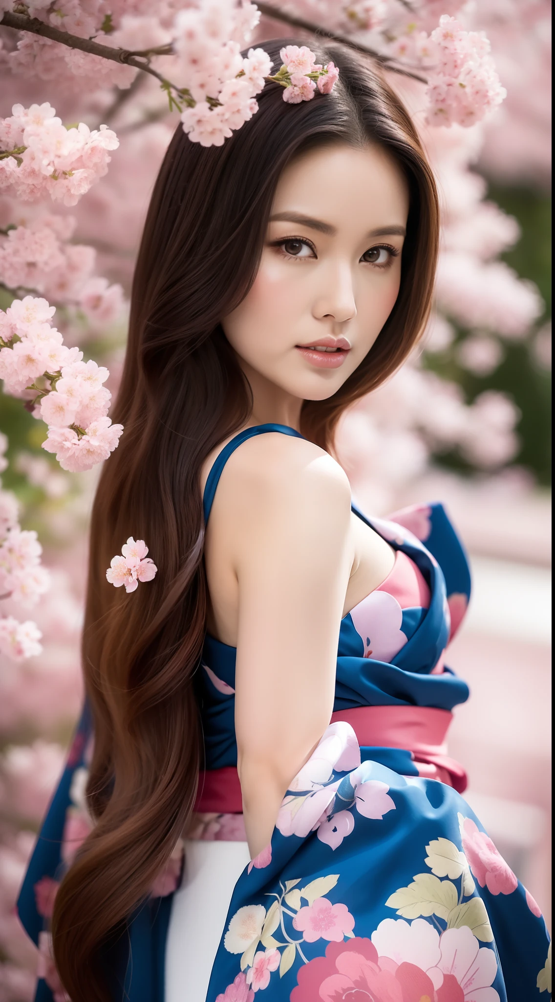 （Kimono made of cherry blossoms，lots of roses），Contemporary art，Complex design，top-quality，8K，tmasterpiece：1.3，Clear focus：1.2，Beautiful Women in Perfect Figure：1.4，Highly Detailed Face and Skin Textur，Detailed eyes，cparted lips，Long legs，fully body photo，