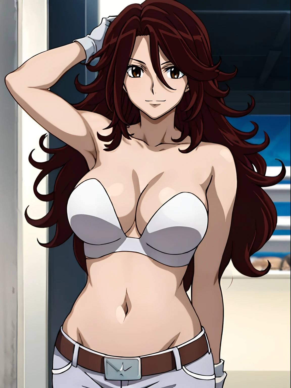 ((solo)), Best Quality, hires, curvy midsection, strong woman, female wrestler, smile, happy), upper body only, anime style: 1.8, anime drawing, ultra detailed face, ultra detailed body, 4k, Sumergai Lee Noriega, (standing), best quality, anime style, hires, highest definition, digital blending, bold drawing lines, (((White Background))), ( pro female wrestler, long attractive belly, slim body, (strong arm muscles), broad shoulders , off-shoulders, closed fists, (very curvy: 2.8)), (strapless, shorts, white gloves, arm band, arm band, (champion belt))), (pale skin, big breasts, closed mouth), (big eyes, brown eyes, shiny eyes), (reddish hair, loose hair, curly hair, wavy hair, long hair, missy hair), 27 years old