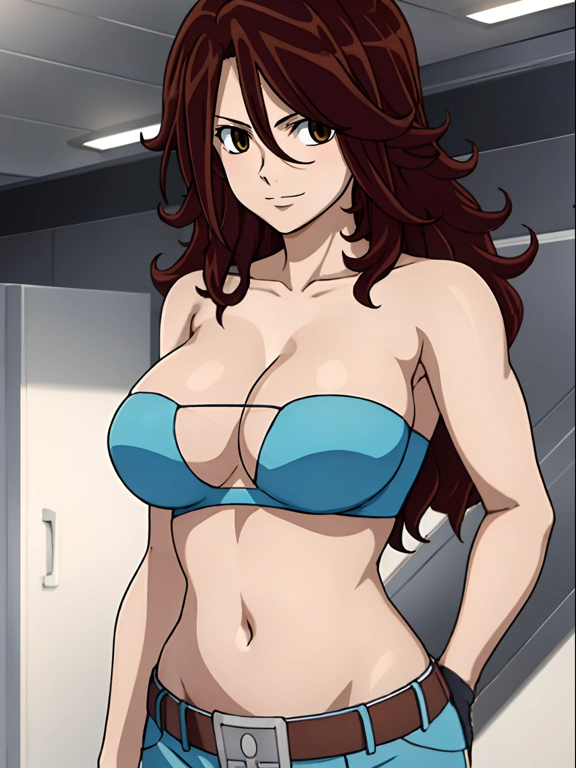 ((solo)), Best Quality, hires, curvy midsection, strong woman, female wrestler, smile, happy), upper body only, anime style: 1.8, anime drawing, ultra detailed face, ultra detailed body, 4k, Sumergai Lee Noriega, (standing), best quality, anime style, hires, highest definition, digital blending, bold drawing lines, (((White Background))), ( pro female wrestler, long attractive belly, slim body, (strong arm muscles), broad shoulders , off-shoulders, closed fists, (very curvy: 2.8)), (strapless, shorts, white gloves, arm band, arm band, (champion belt))), (pale skin, big breasts, closed mouth), (big eyes, brown eyes, shiny eyes), (reddish hair, loose hair, curly hair, wavy hair, long hair, missy hair), 27 years old