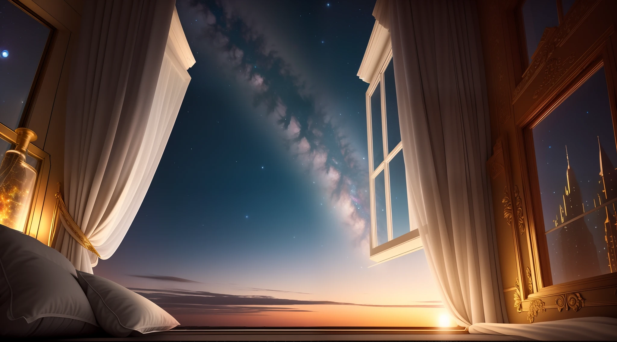 There is a window,The curtains open,You can see the view of the sky, space seen outside from a window, window into space behind them, window to night time, Open the window at night, night time with starry sky, dreamy night, cosmos sem fim no fundo, looking out into the cosmos, looking off into space, universe in the sky, galaxies and star in the sky