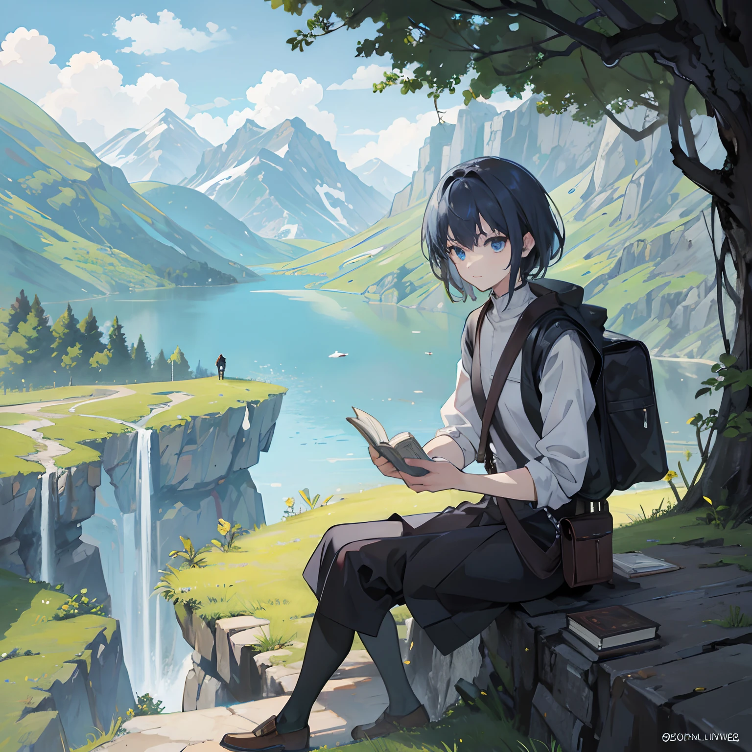 An adventuror traveling a mountain holding a book in hand