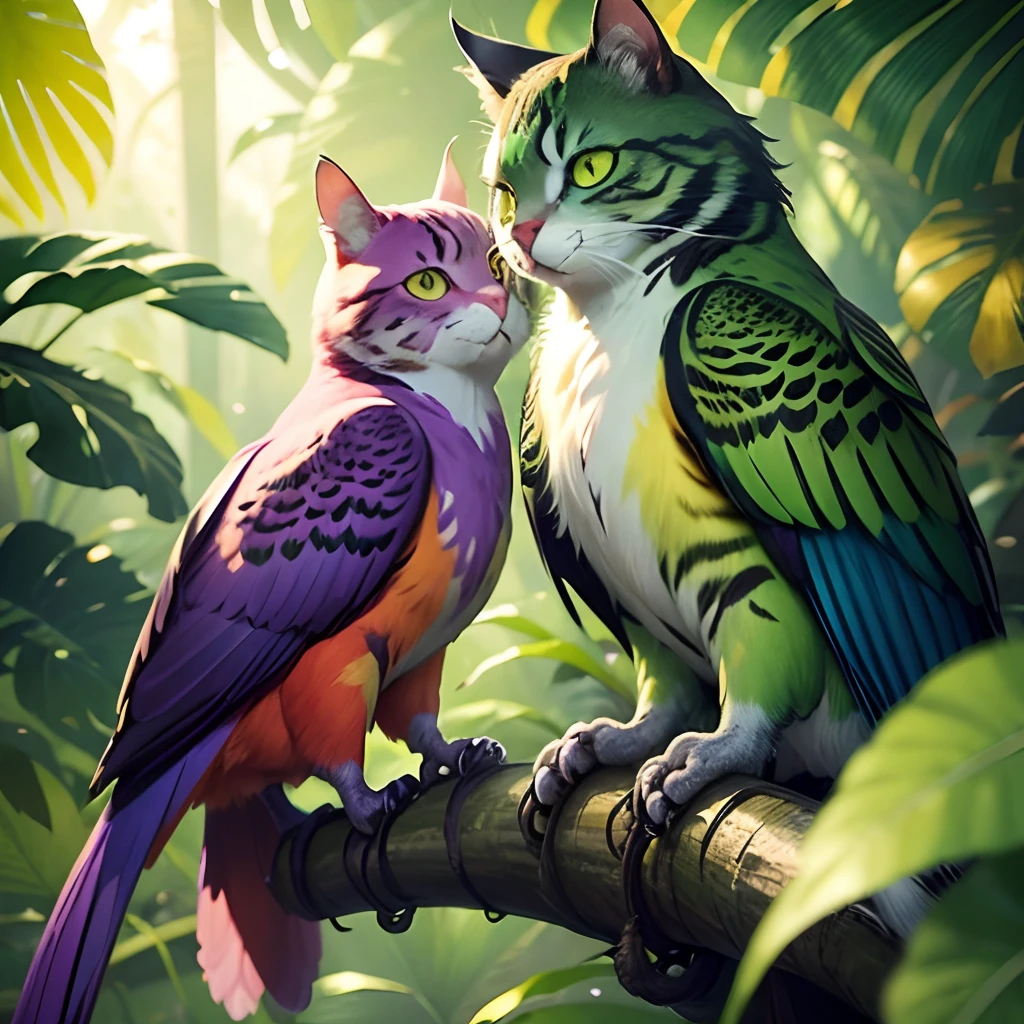 a cat who thinks it's a parrot,fluffy,feline,curious,playful,parrot-inspired colors,feathers and fur seamlessly blended,cat's green eyes shining,sharp claws,pouncing on branches,purple and blue background,whiskers twitching,hanging from a perch,purrr-rotting itself,paw prints on its feathers,cat-shaped mirror reflecting its image,parrot beak meowing,climbing up a tree,leafy tail,a jungle setting,sunlight filtering through the leaves,dappled lighting,bird feathers scattered on the ground,bright and vibrant palette,realistic details,high-resolution image,painting-like texture,photorealistic rendering,vivid colors,masterpiece:1.2.
