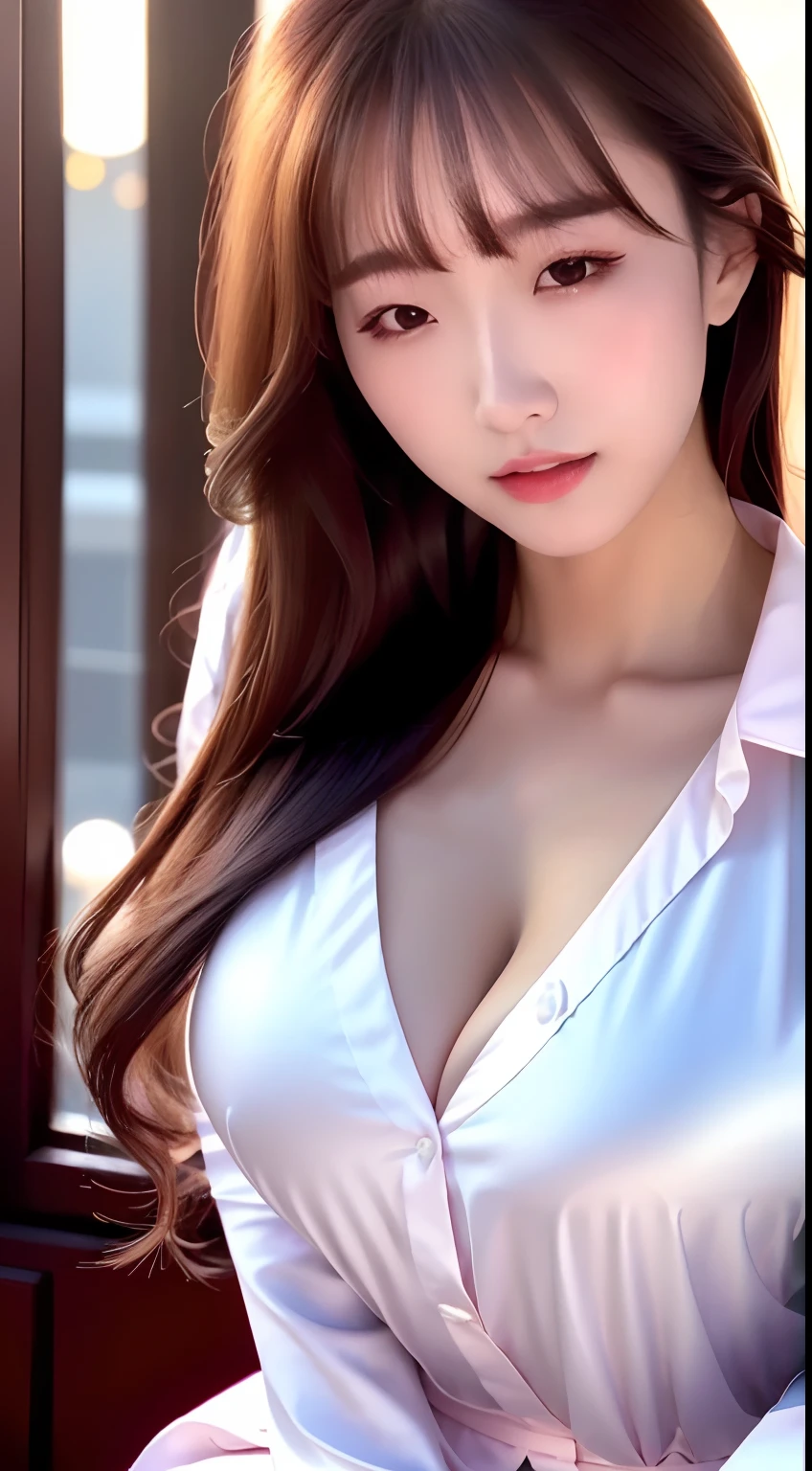 masterpiece, 1 woman per 1photo, upper body shot, directly front view, composition looking subject down from above, a Japanese young pretty woman, hyper pretty face,big tits, sleeping on the bed, sweaty body, glossy lips, open mouth, glamorous figure, closing eyes, lying on on the bed, wearing a long sleeves large sized shiny satin silky white collared shirt over a shiny satin pink panty, all buttons on the shirt unbuttoned, her head on a silk pillow, silk bed sheets, double eyelids in both eyes, natural makeup, long eyelashes, shiny smooth light brown hair of medium length, asymmetrical bangs, tanned skin, head in the frame, central image, 8K resolution, high detail, detailed hairstyle, Detailed Face, spectacular cinematic lighting, octane rendering, vibrant, hyper realistic, perfect limbs, perfect anatomy