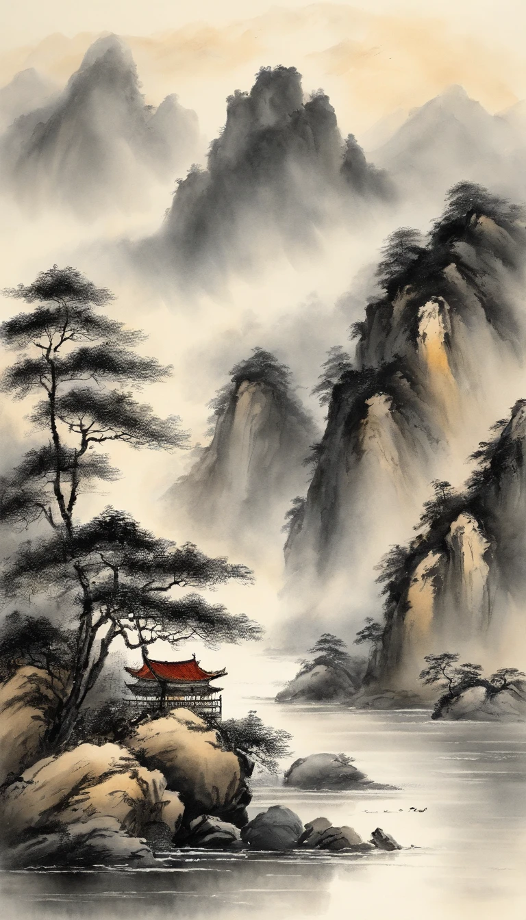 an Chinese ink painting style，there are waters，There are mountains，There are houses in the mountains，There are people in the house，There are boats in the water，There are people on board who shake the ship pulp，There were wild geese flying by