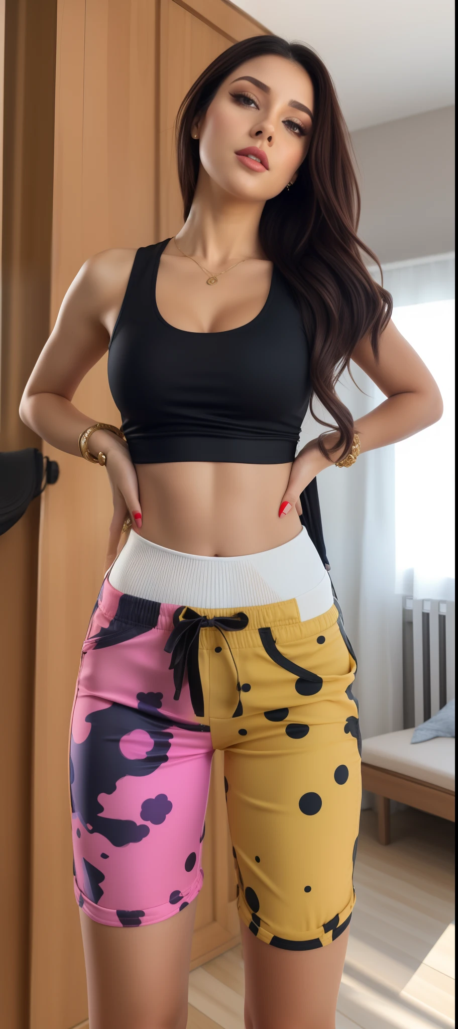 Woman in a black top and colorful shorts standing in a room, usando um top cropped sexy, her navel is exposed, revelando roupas, olhar sexy, corpo sensual com barriga sexy, umbigo mostrando, tocando suas roupas, ela tem uma barriga redonda gorda e agitada, tiny waist, roupa muito sexy, tiro do meio cintura para cima