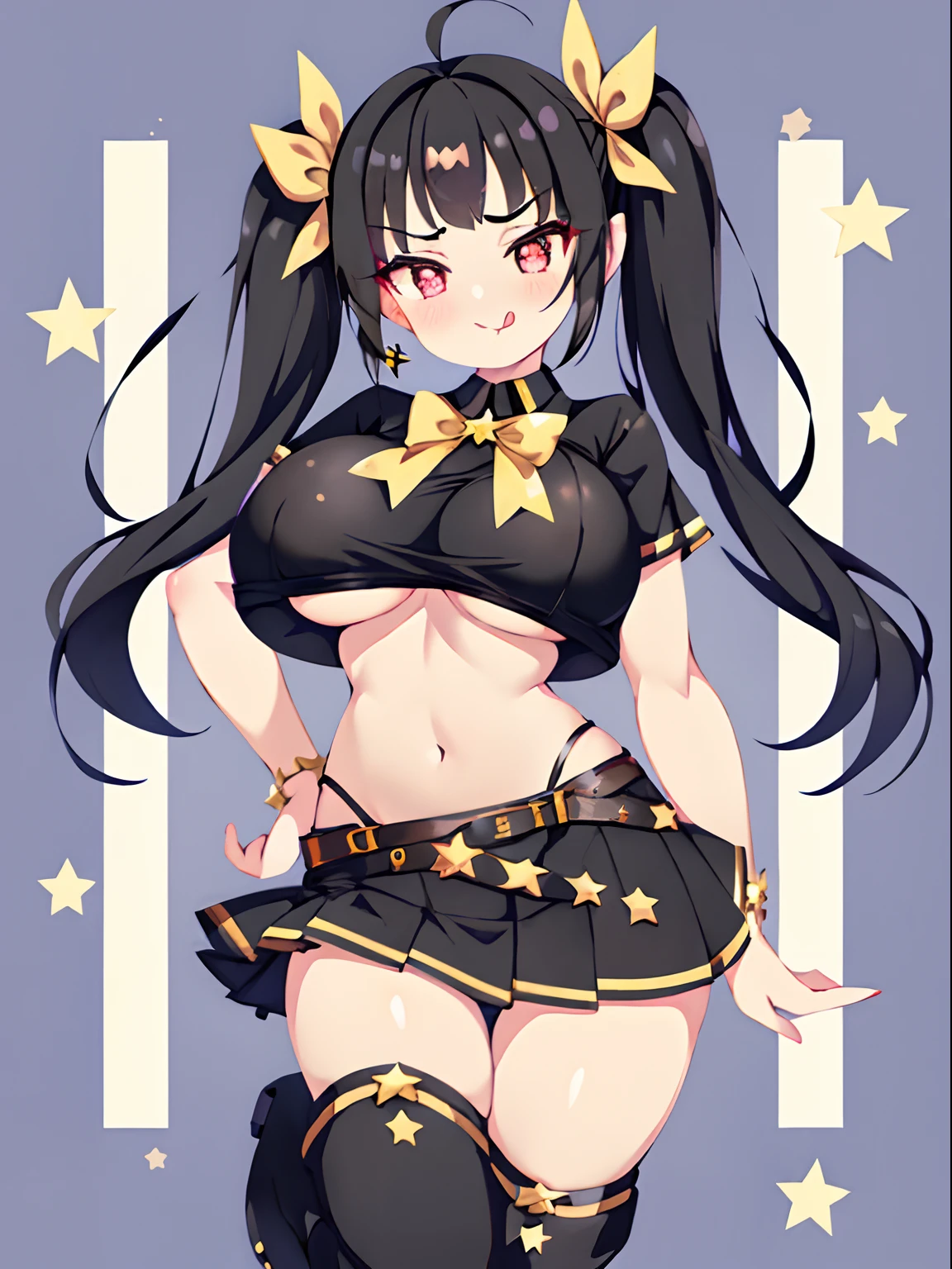 Beautiful girl with black hair、very large breast、long twintails、Idol costumes、Navel、Emphasize the valleys、Forward leaning position、Golden ribbon、Nasty look、long pointed tongue、winking、a miniskirt、Cute boots、star-shaps pupilus,