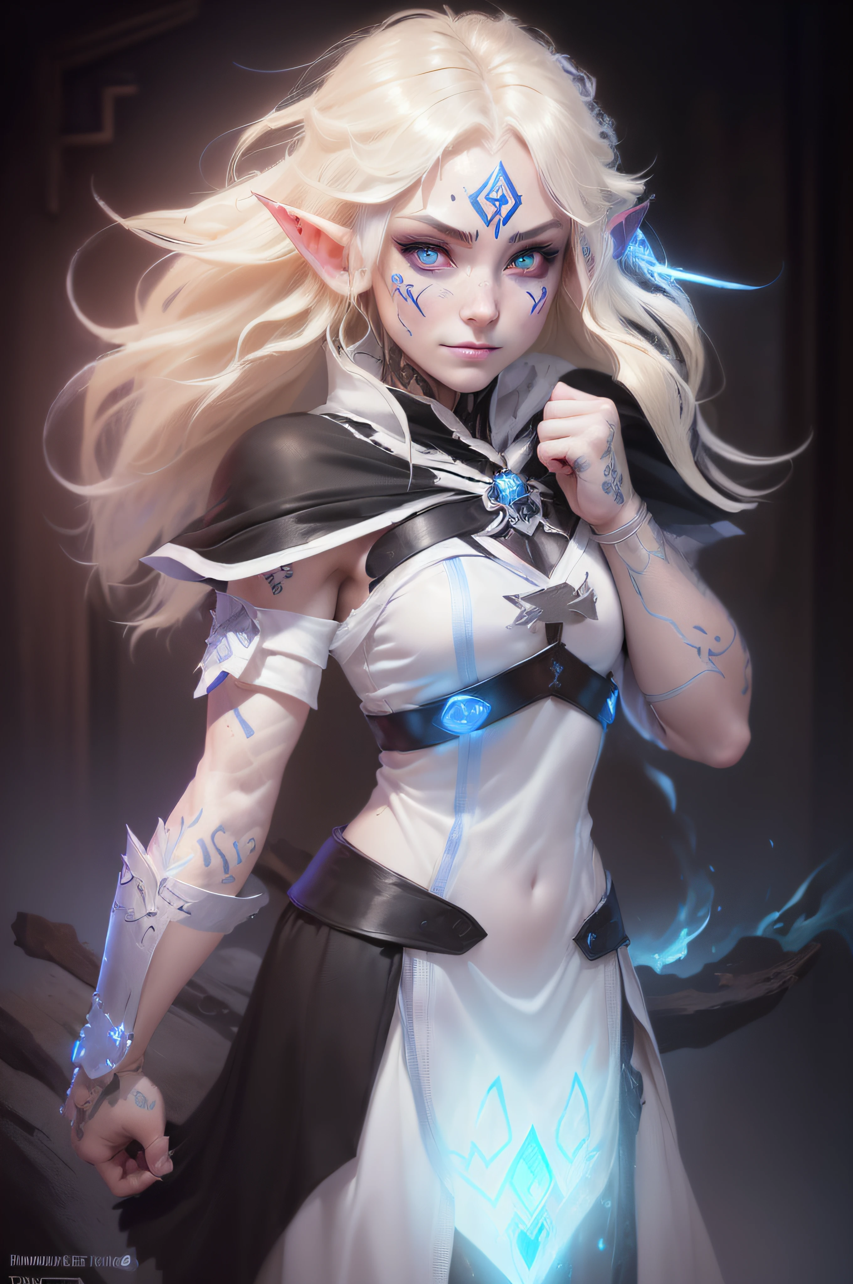 ((wearing Mantle of Spell Resistance)), ((wearing white silk robe)), ((rune tattoos)), ((Face tattoos)), ((fix tattoos)), ((real tattoos)), ((magic dust from the body)), ((magic black dust)), detailed elf druid girl, petite slim body, (smirk:1.1), (nose blush:1.1), (big blue eyes:1.1), ((blond hair:1.1)), beautiful detailed face, (messy hair), cinematic lighting, shot on canon 5d, Greg Rutkowski,