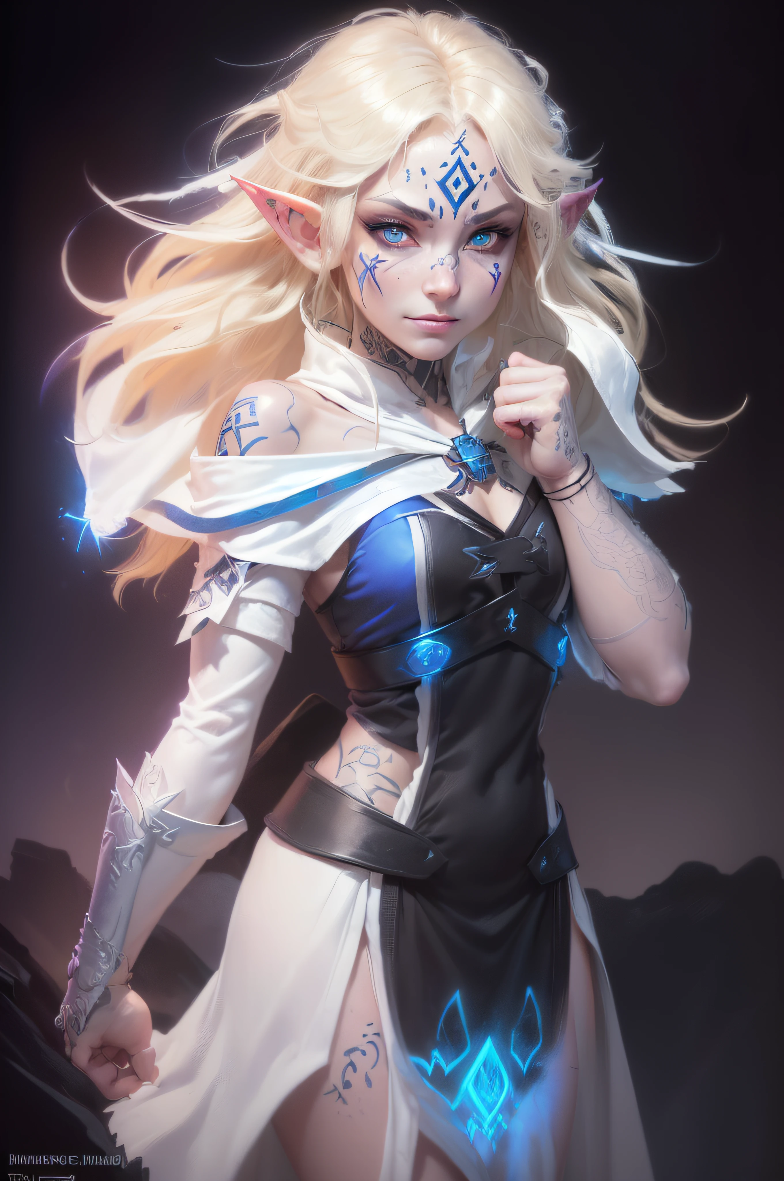((wearing Mantle of Spell Resistance)), ((wearing white silk robe)), ((rune tattoos)), ((Face tattoos)), ((fix tattoos)), ((real tattoos)), ((magic dust from the body)), ((magic black dust)), detailed elf druid girl, petite slim body, (smirk:1.1), (nose blush:1.1), (big blue eyes:1.1), ((blond hair:1.1)), beautiful detailed face, (messy hair), cinematic lighting, shot on canon 5d, Greg Rutkowski,