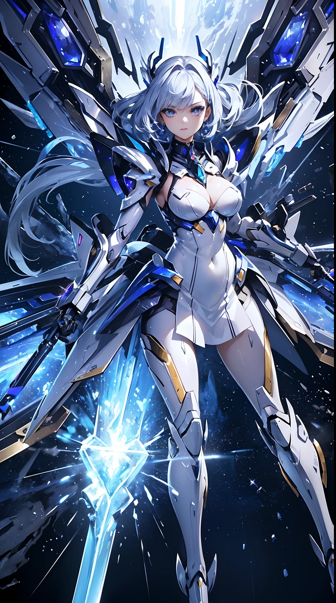 ((Masterpiece)), ((highest quality)), (Ultra High Resolution), super fine illustration, highly detailed face, raw photo, professional, ultra-fine painting, detailed metal texture, detailed cloth texture, sexy, real, (Solo), ((Mecha Angel Dressed woman)), Beautiful breasts, Concept art, (Battle pose), Detailed fantasy art, (Silver hair), ((Has large sapphire blue mech wings)), (detailed beautiful eyes:1.6), (Robot: 1.6) Sleek and menacing Design, (action pose), (Pearl white and sapphire blue Hi-νGundam armor dress for Marshal), starry sky, perfect anatomy