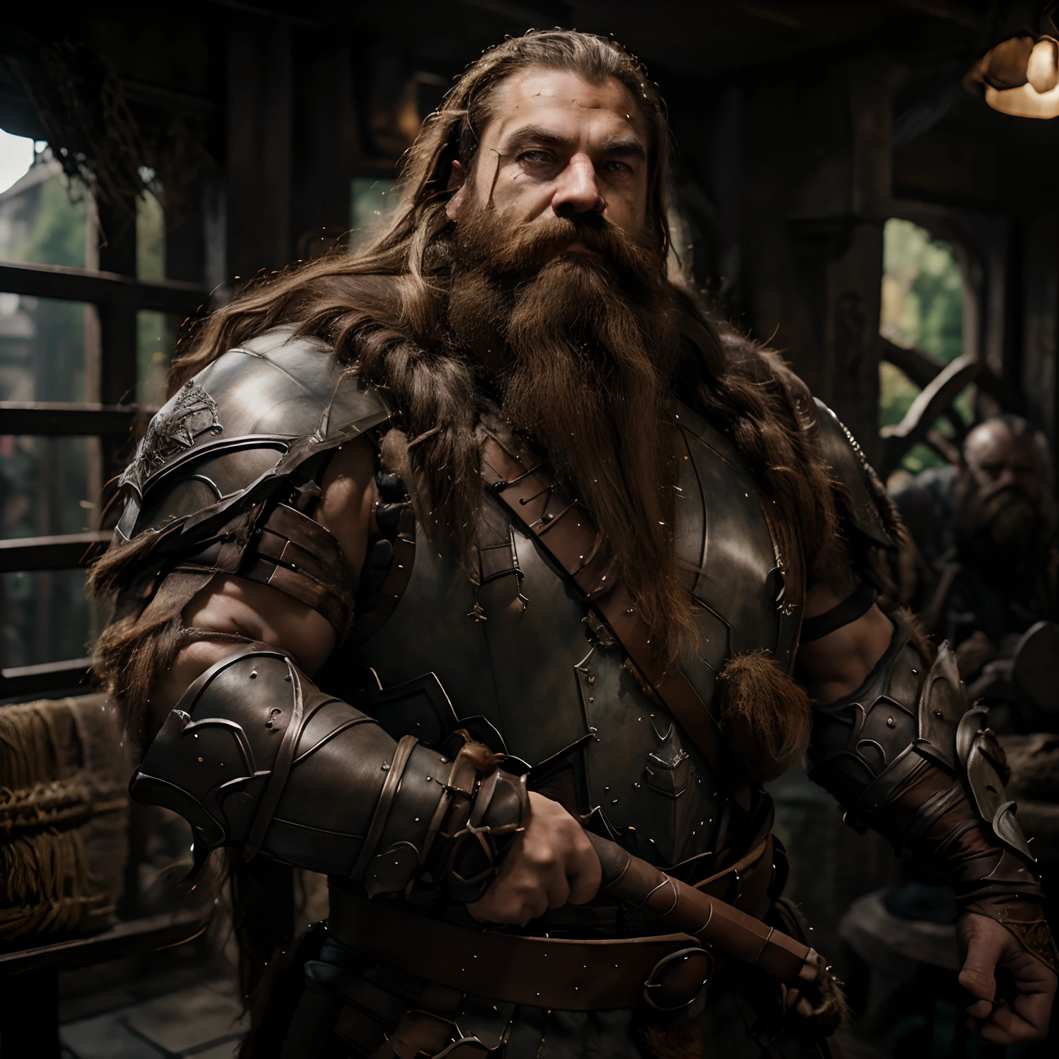 ember, dwarf, Dwarf, short stature, Massive physique, muscular, Massive muscular arms, Dark hair, hairlong, Massive Dwarf Beard, Lush beard, Big Beard, Beard braided, Scars along the bridge of his nose and across his left eye, Leather armor, Battered armor, Massive Iron Shoulder Pads, frown, Heavy Look, Ironbound Bracers, Armed with a hammer, Armed with a shield, warrior, Denamic Shadows, hight resolution, higly detailed, computer graphics, fantasy, fantasy style, art for role-playing, rpg game