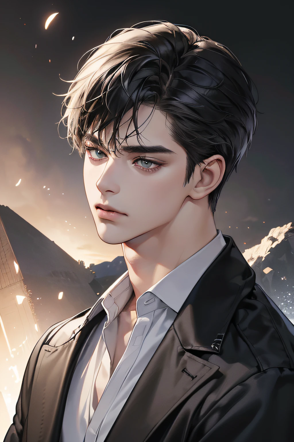 (best quality digital art digital illustration 4k high resolution beautiful image hyper-detailed image perfect lines soft lighting night environment smooth zoom perfect face) (1:1 photorealistic) (neutral colors hdr 1.4) an adult 25 year old man (thoughtful expression) very beautiful eyes deep black medium black hair modern clothes black (dark background)