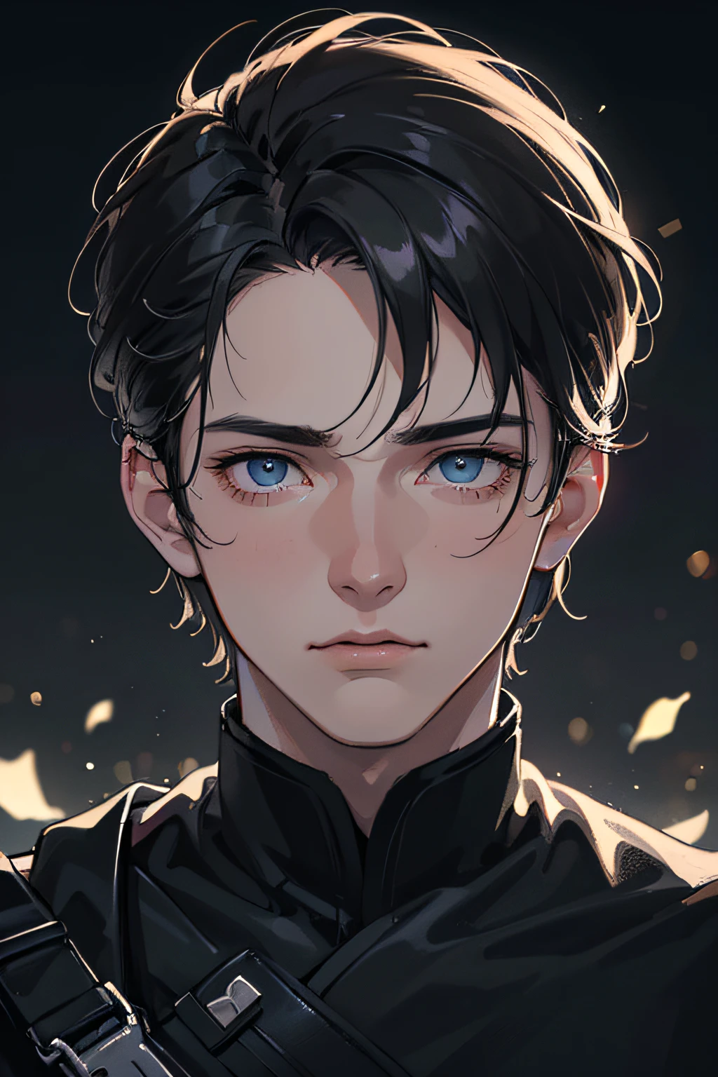 (best quality digital art digital illustration 4k high resolution beautiful image hyper-detailed image perfect lines soft lighting night environment soft zoom perfect face) (1:1 photorealistic) (neutral colors hdr 1.4) an adult 25 year old man (melancholic expression) very beautiful eyes black medium black hair modern clothes (blurred dark background)
