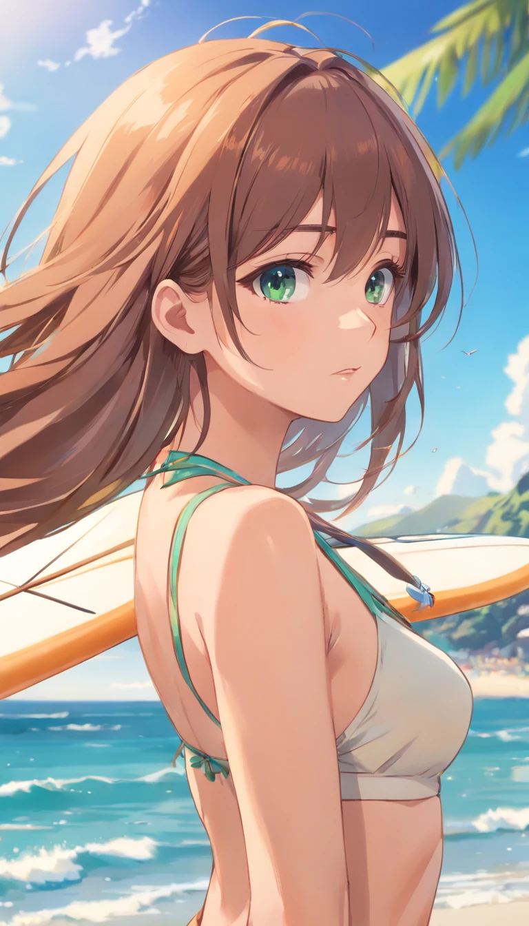 1girl, (anime, 8k, master part, Qualidade Superior, best quality, Beautiful and Aesthetic, professional illustration, ultra detalhe, perfect lighting, sombreamento perfeito, Nitidez perfeita), {(Cor do cabelo, Estilo de cabelo, cabelo bonito, cabelo detalhado)}, {(Cor dos olhos, Olhos detalhados, Olhos bonitos)}, {(Rosto detalhado, nariz detalhado, boca detalhada, cara bonita)}, {(TIPO DE CORPO E COR DA PELE, Corpo Perfeito, perfect arms, perfect hands, pernas perfeitas, corpo detalhado, Corpo bonito)}, {(Clothes, roupas detalhadas, Roupas bonitas)}, {(Position, Action, expression)}, {(Landscape, Paisagem ultra detalhada, Paisagem muito bonita, paisagem de alta qualidade)}, {(anatomia perfeita, bikini, cabelos longos verdes, praia, surfista)}