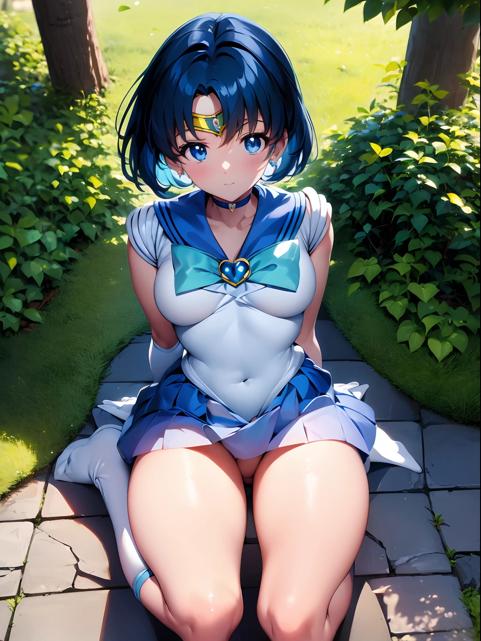 Anime Character (small tits) sailormoon、Sailor Mercury, pixiv 3dcg, anime moe art style, biomechanics oppai, Highest rank in pixiv, Best Quality, 8K HD, Crouch down and stare at us、Taunt with open crotch、