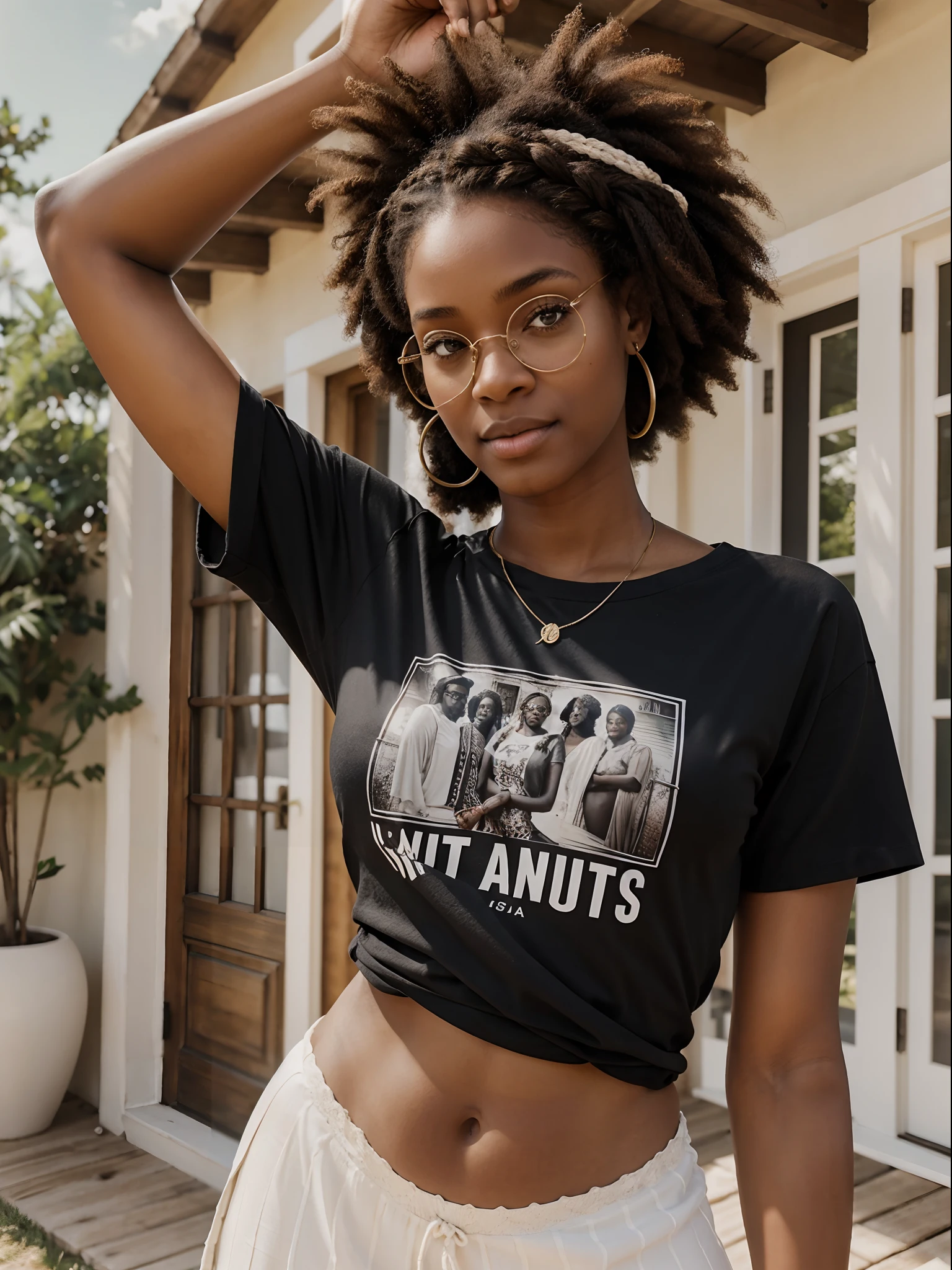corps entier , beau visage, Long and braided hair,Warm light and clear complexion, afro-american, Detailed, ultra quality, poitrine claire, T-shirt noir XL et culotte sculptante debout devant sa maison avec lunettes aux yeux
