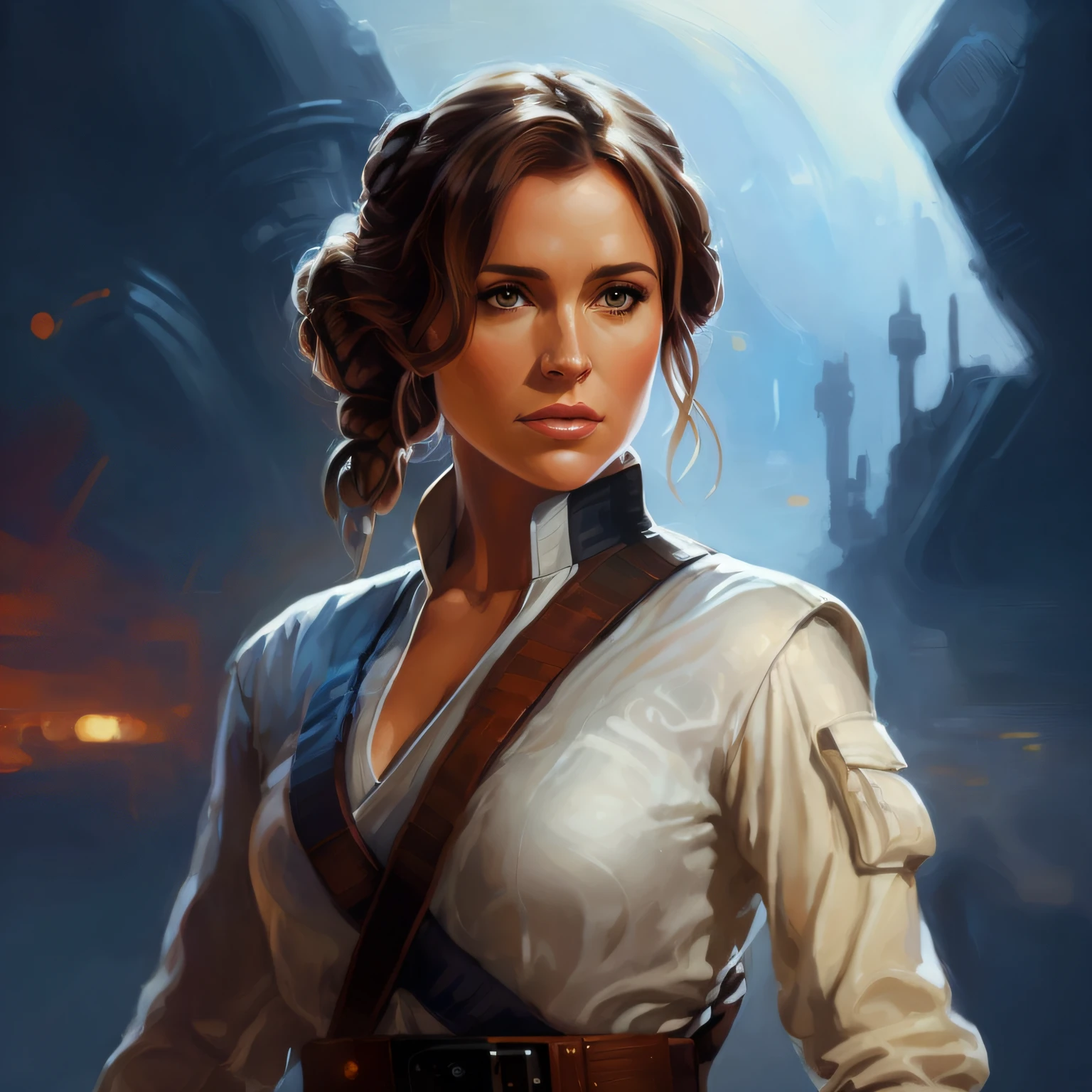 Image of a woman in a white shirt and brown belt, Jaina Solo, Portrait of Princess Leia, rei, martin ansin artwork portrait, Star Wars Digitale Kunst, Artgerm Julie Bell Beeple, Von Stanley Artgerm, Weibliche Jedi, beautiful character painting, Character Portrait Art, Star Wars Kunst, inspiriert von Marek Okon