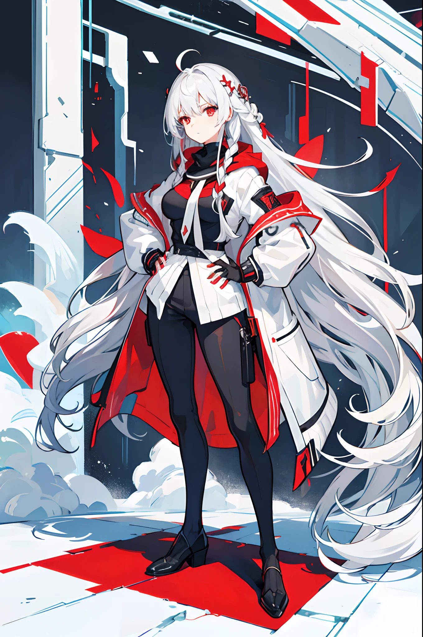 masterpiece,(bestquality),highlydetailed,ultra-detailed, cold, 1girl, bishoujo, stare, red eyes, beautiful detailed eyes, long hair, white hair, silver hair, Wing-like bangs, Dull hair, ahoge, Hair rings, braid, alternate costume, black pants, breasts, full body, hand on hip, jacket, large breasts, long hair, looking at viewer, pants, red eyes, (expressiveless), simple background, solo, standing, very long hair, white background